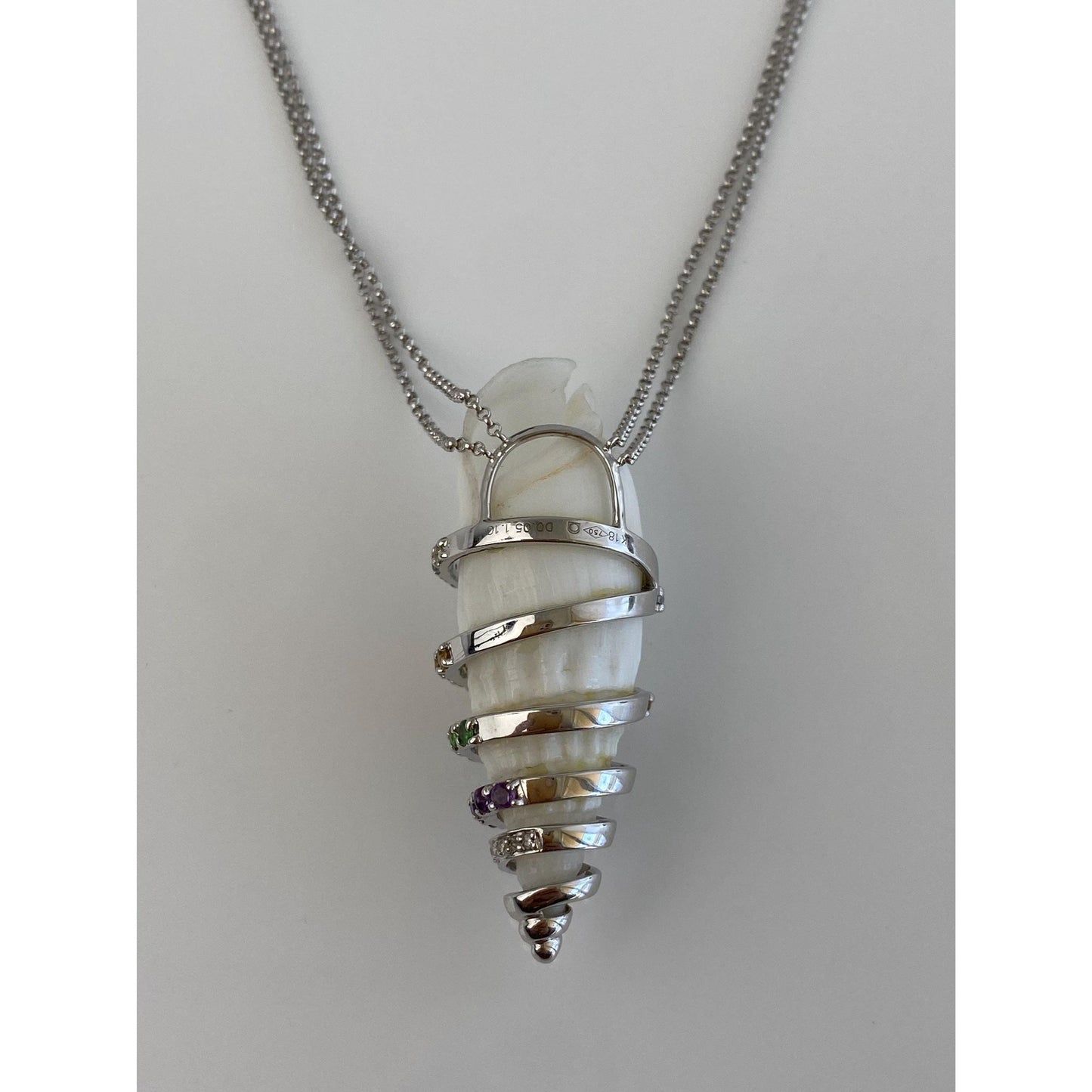 Solid 18k White Gold Aquamarine Clear Sapphire Green Tourmaline Amethyst Citrine Shell Rolo Chain Necklace - 17.75 inches