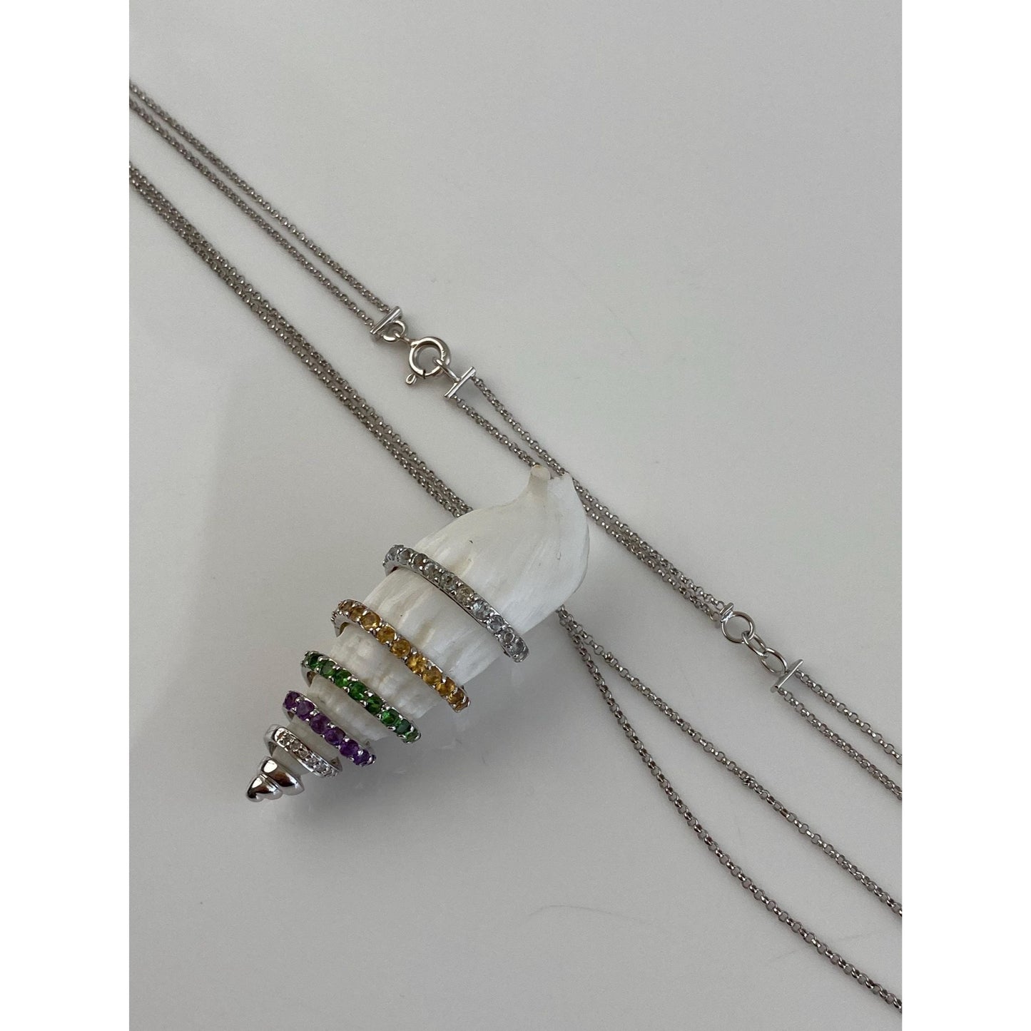 Solid 18k White Gold Aquamarine Clear Sapphire Green Tourmaline Amethyst Citrine Shell Rolo Chain Necklace - 17.75 inches