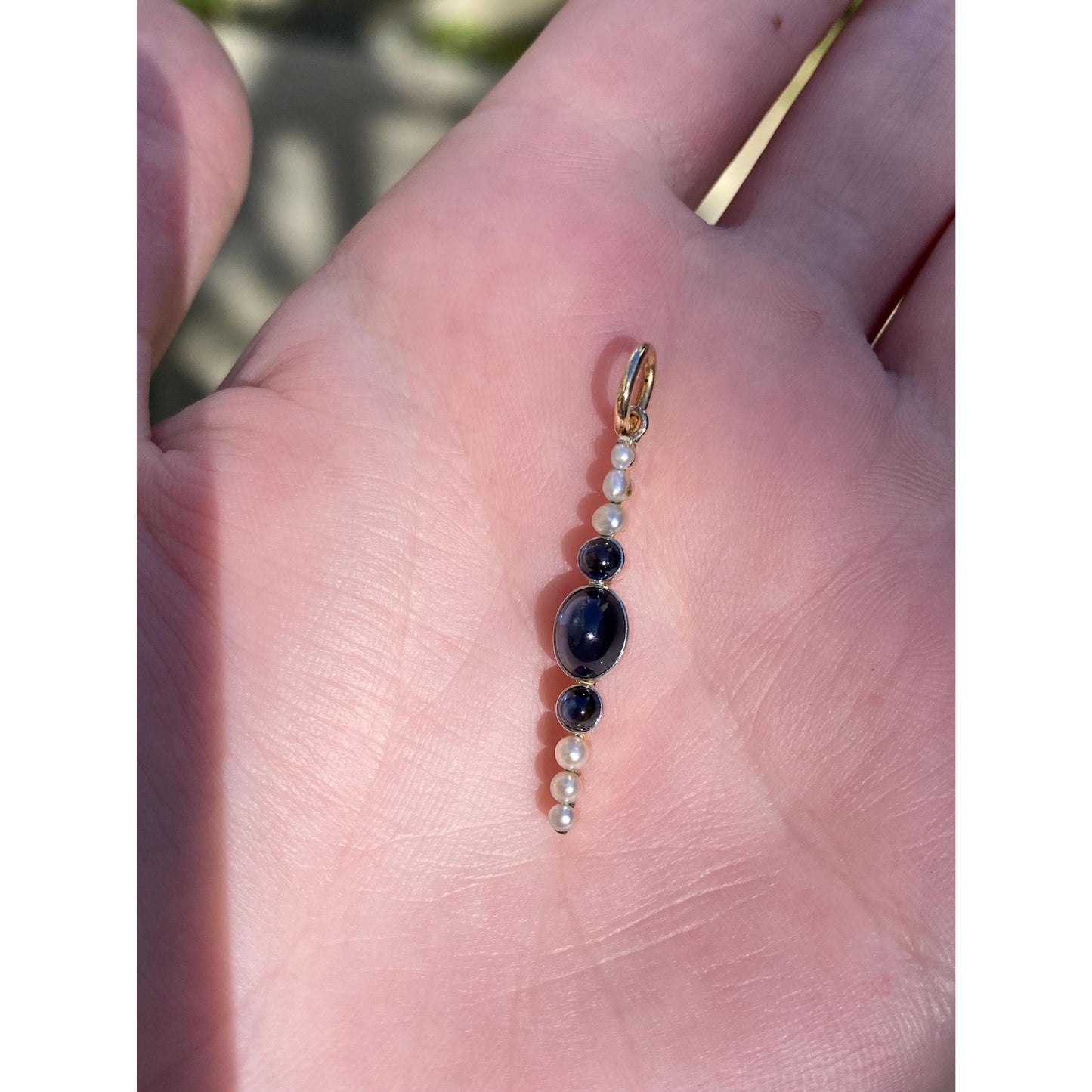 Vintage Solid 18k Rosey Gold Blue Sapphire Pearl Row Charm