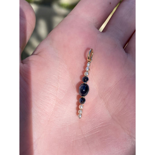 Vintage Solid 18k Rosey Gold Blue Sapphire Pearl Row Charm