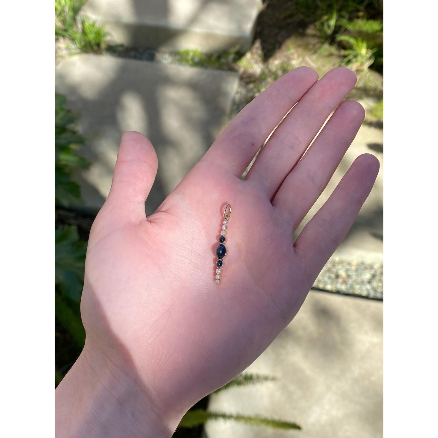 Vintage Solid 18k Rosey Gold Blue Sapphire Pearl Row Charm