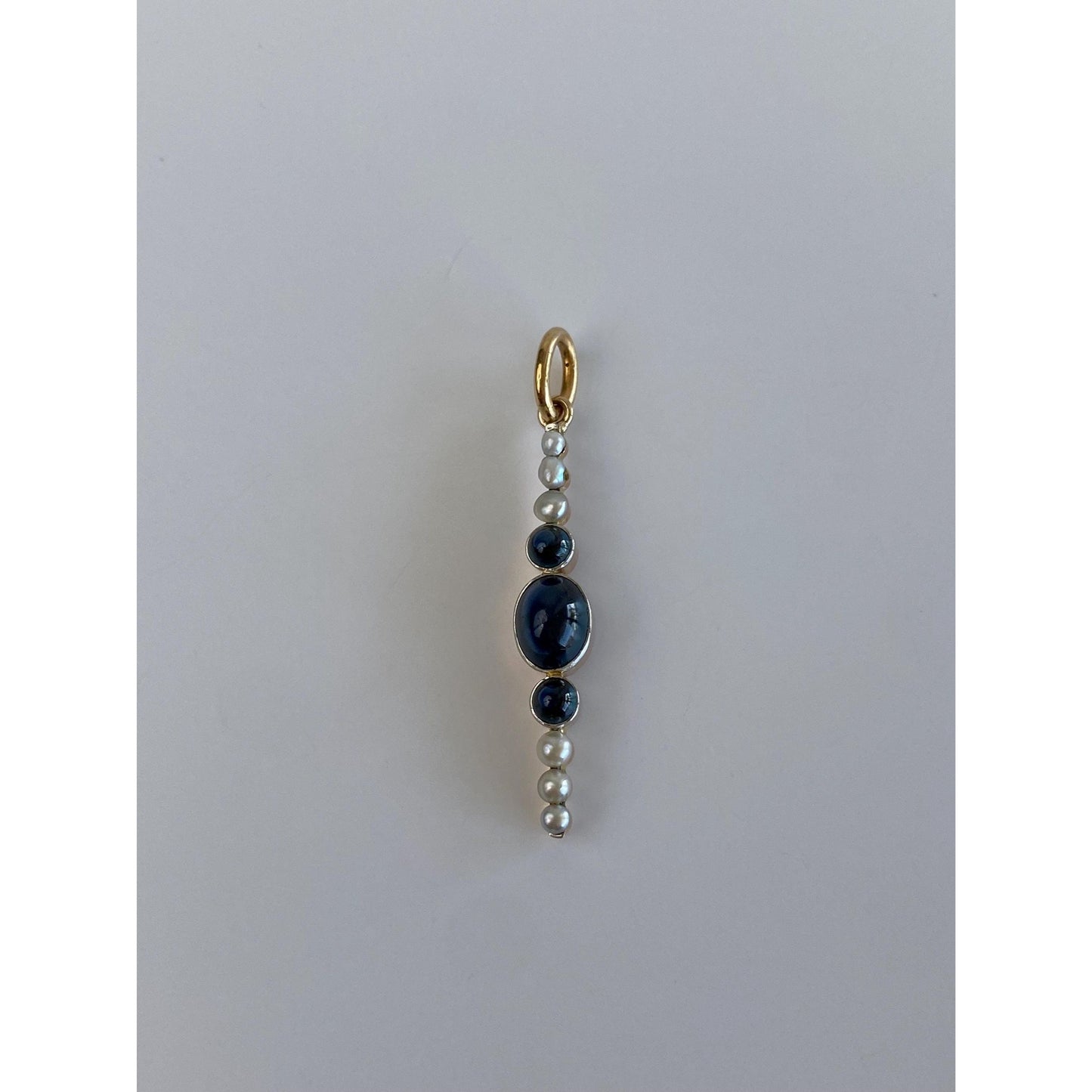 Vintage Solid 18k Rosey Gold Blue Sapphire Pearl Row Charm