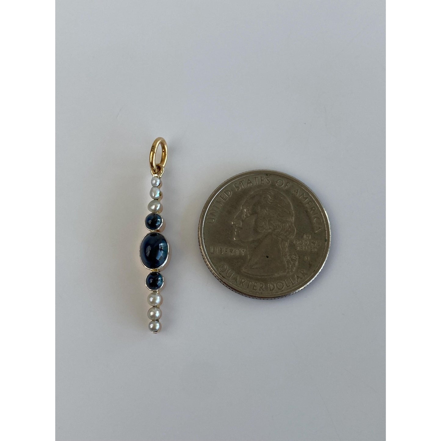 Vintage Solid 18k Rosey Gold Blue Sapphire Pearl Row Charm