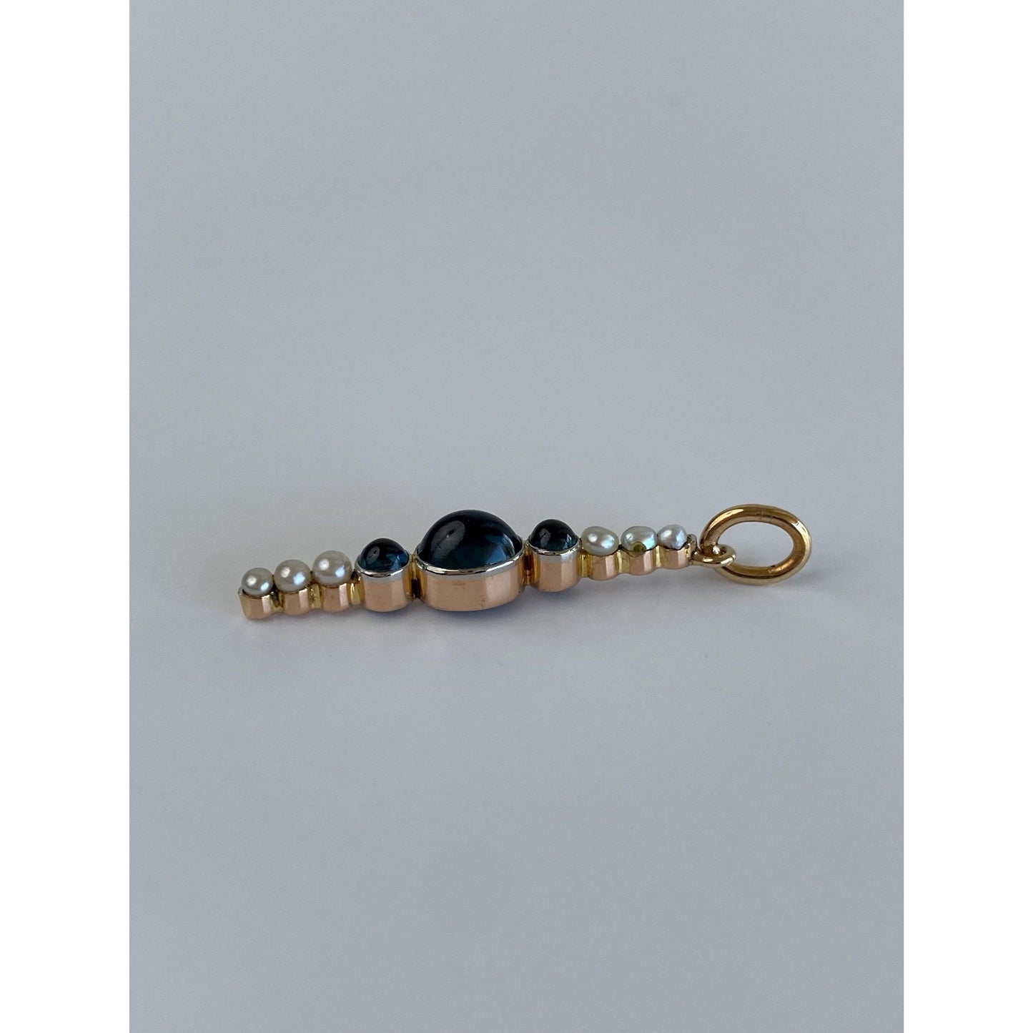 Vintage Solid 18k Rosey Gold Blue Sapphire Pearl Row Charm