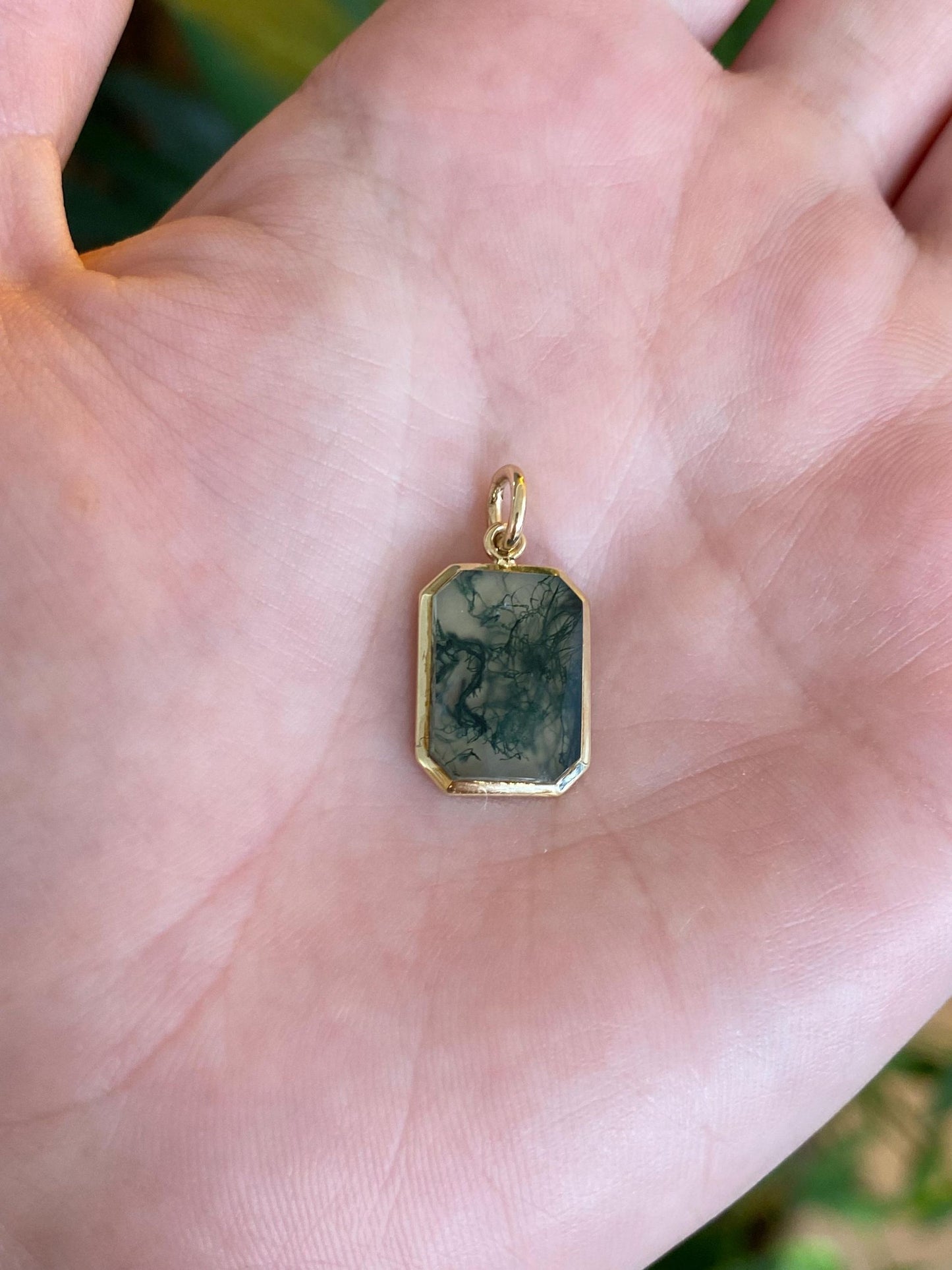Vintage Solid 14k Yellow Gold Moss Agate Cufflink Conversion Charm