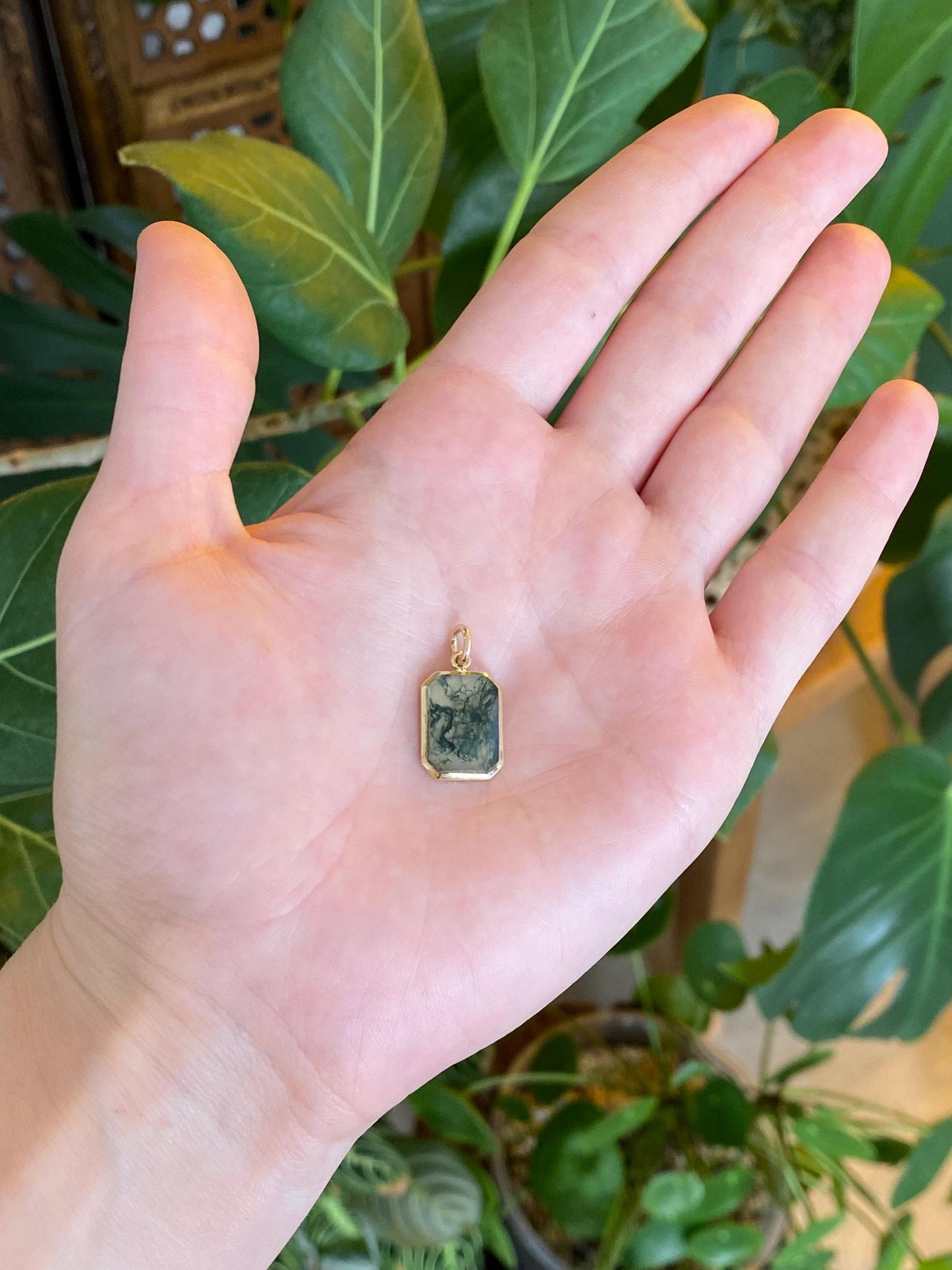 Vintage Solid 14k Yellow Gold Moss Agate Cufflink Conversion Charm