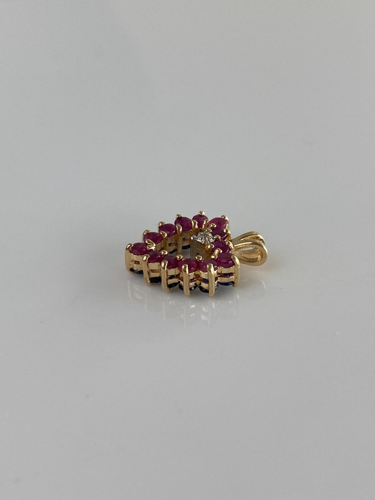 Solid 14k Yellow Gold Double Sided Diamond Blue Sapphire & Ruby Heart Charm