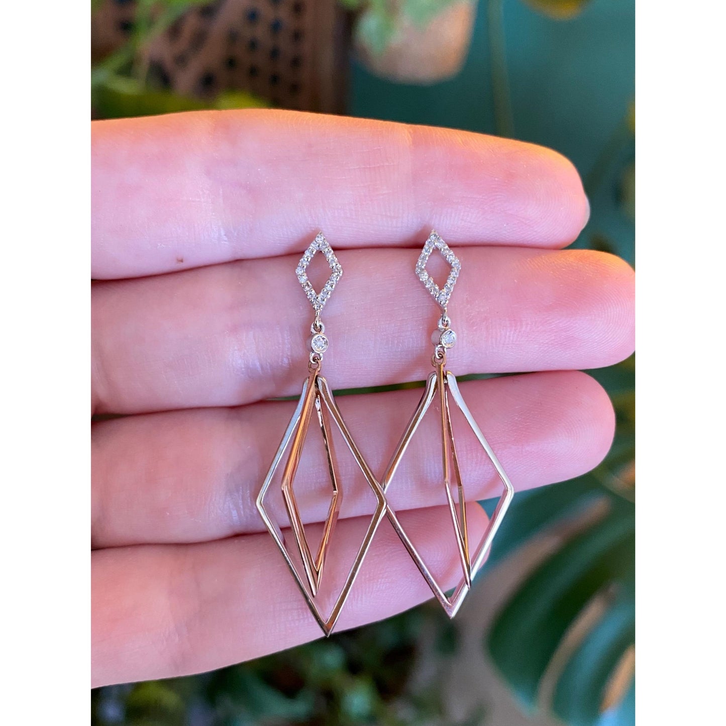 Vintage Solid 14k Rose & White Clear Sapphire Dangle Earrings