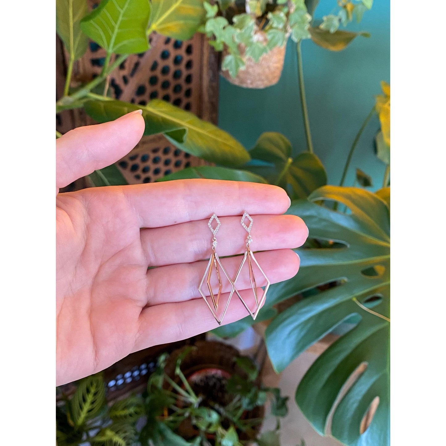 Vintage Solid 14k Rose & White Clear Sapphire Dangle Earrings