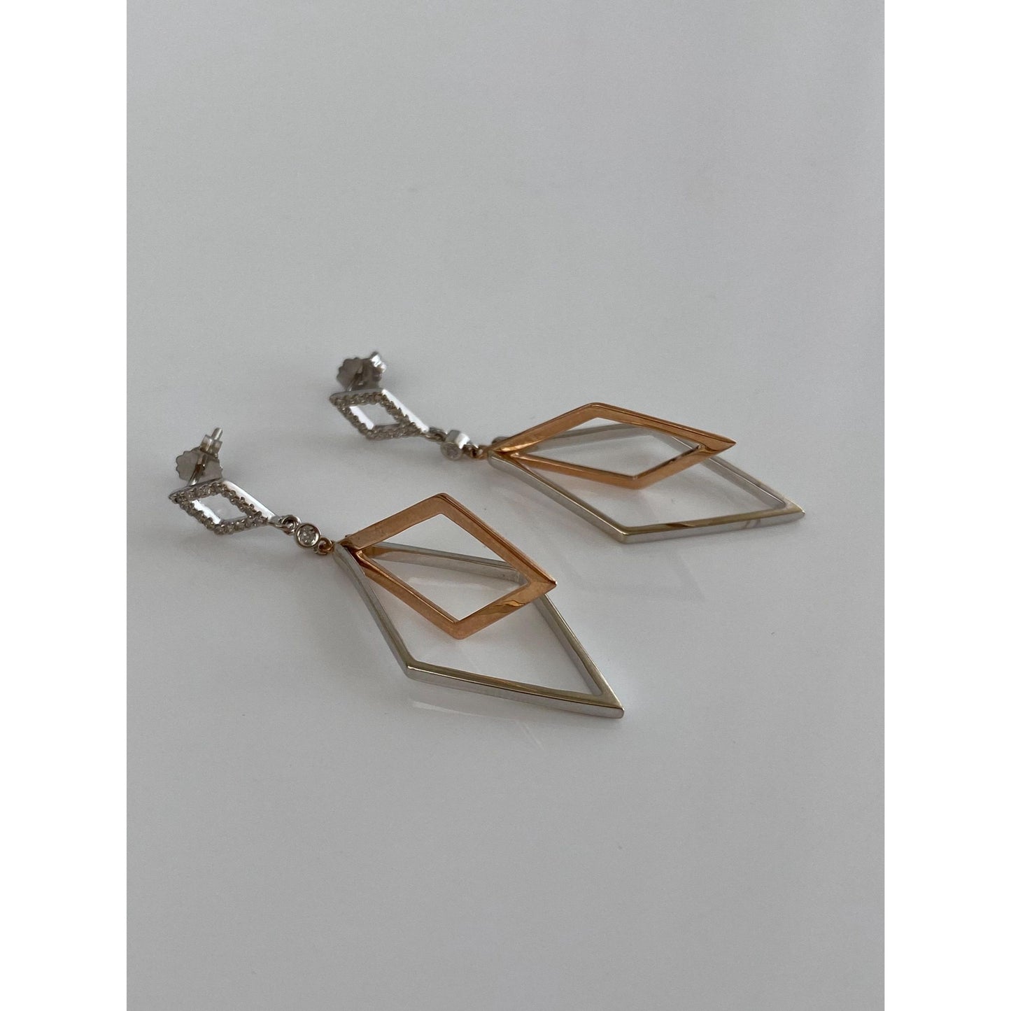 Vintage Solid 14k Rose & White Clear Sapphire Dangle Earrings