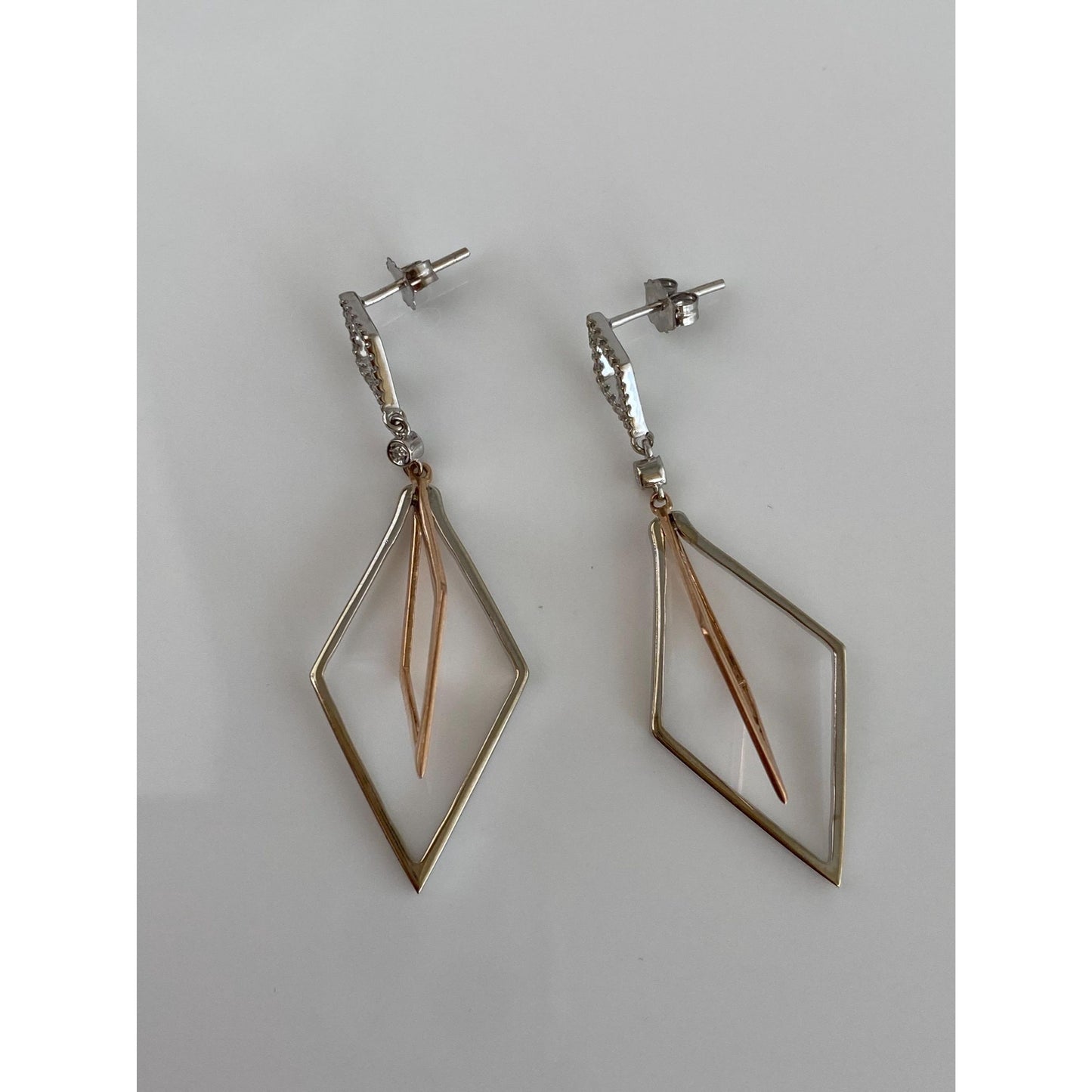 Vintage Solid 14k Rose & White Clear Sapphire Dangle Earrings