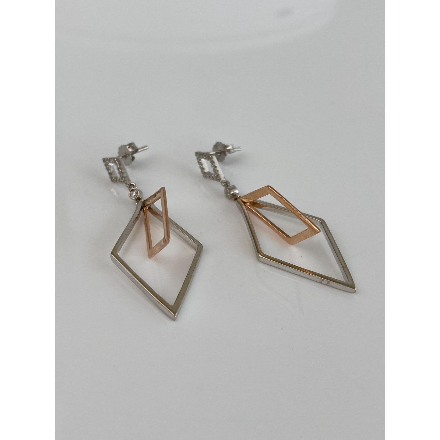 Vintage Solid 14k Rose & White Clear Sapphire Dangle Earrings