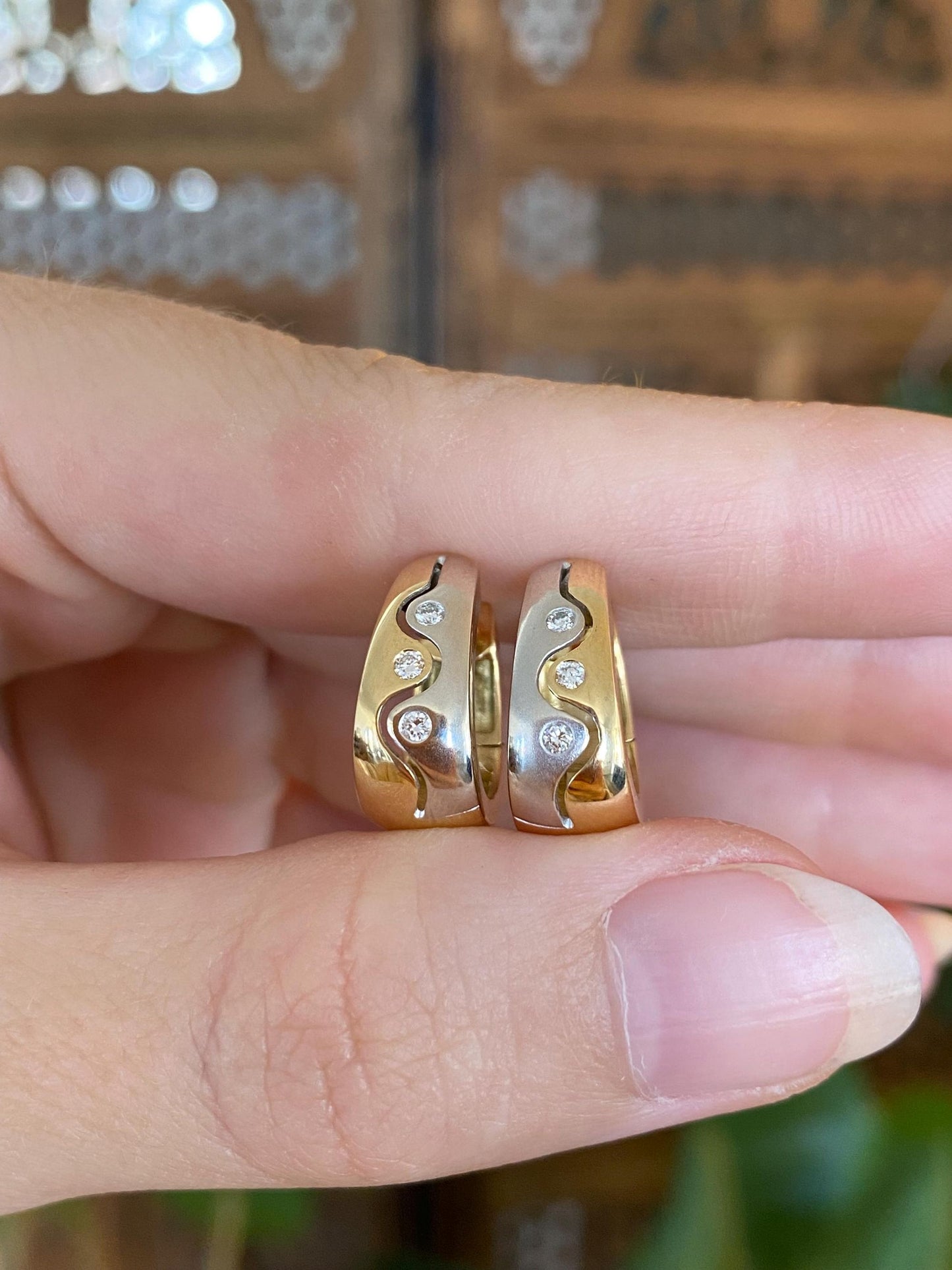 Vintage Solid 18k White & Yellow Gold Clear Sapphire Dotted Hoop Earrings