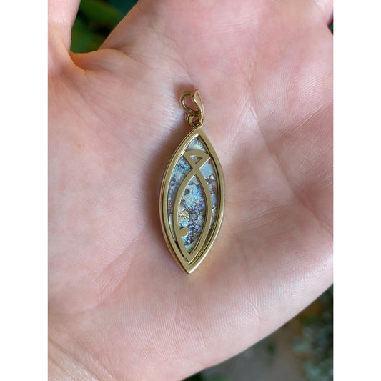 Vintage Solid 14k Yellow Gold Roman Glass Religious Fish Charm