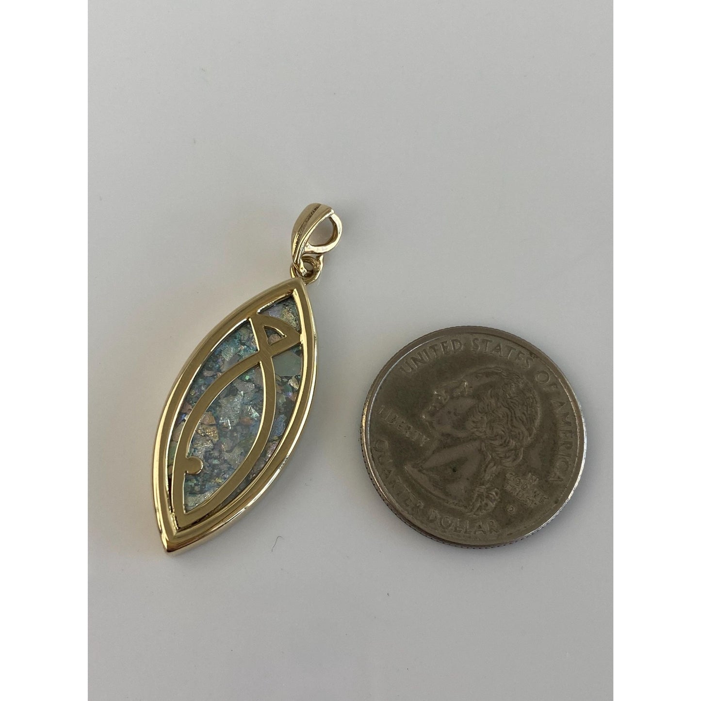 Vintage Solid 14k Yellow Gold Roman Glass Religious Fish Charm