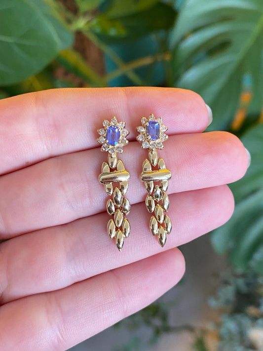 Vintage Solid 14k Yellow Gold Diamond Halo Tanzanite Dangle Stud Earrings