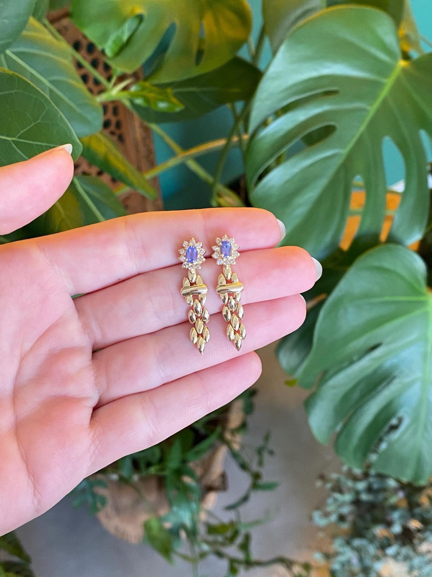 Vintage Solid 14k Yellow Gold Diamond Halo Tanzanite Dangle Stud Earrings