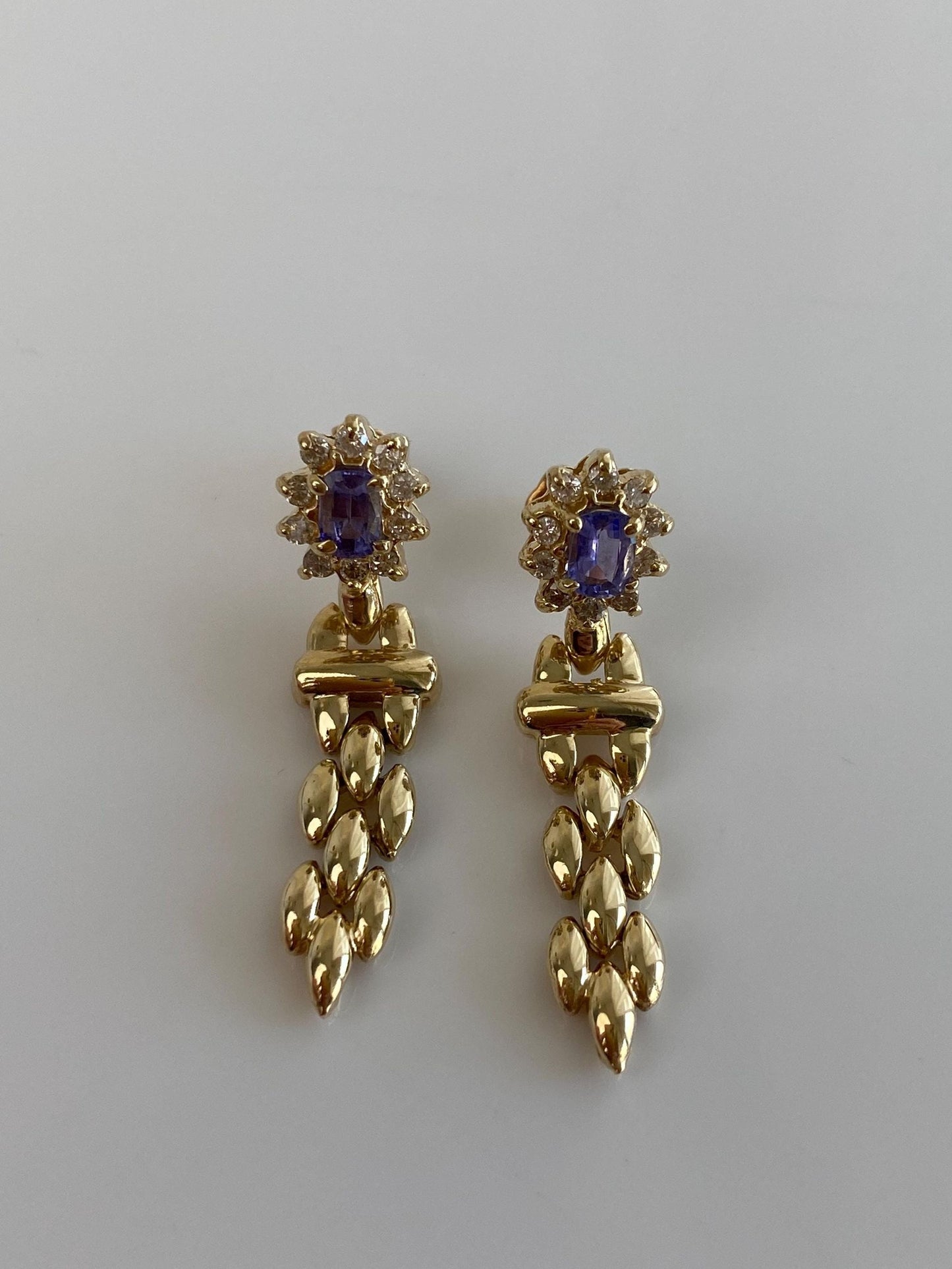 Vintage Solid 14k Yellow Gold Diamond Halo Tanzanite Dangle Stud Earrings