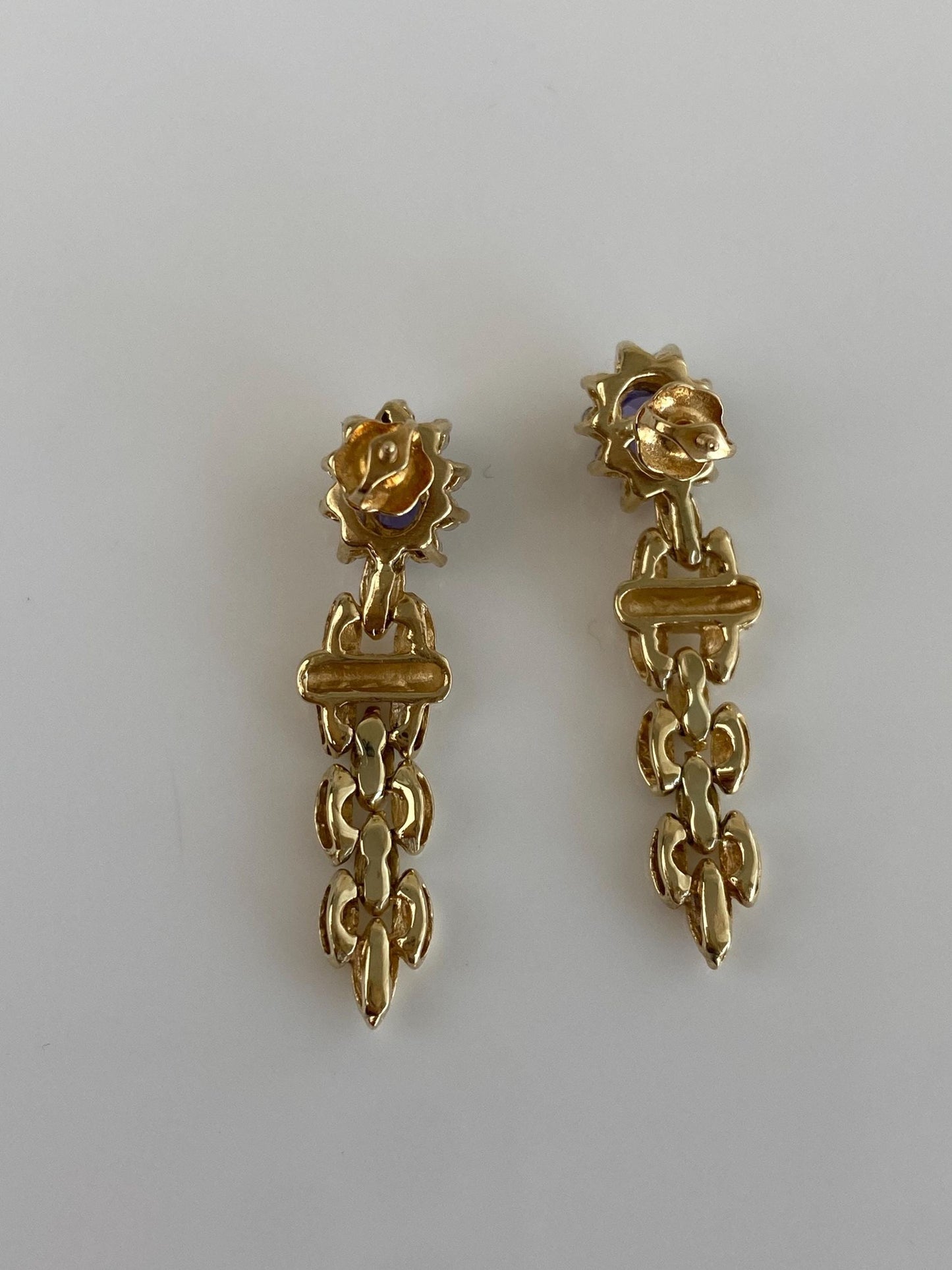 Vintage Solid 14k Yellow Gold Diamond Halo Tanzanite Dangle Stud Earrings