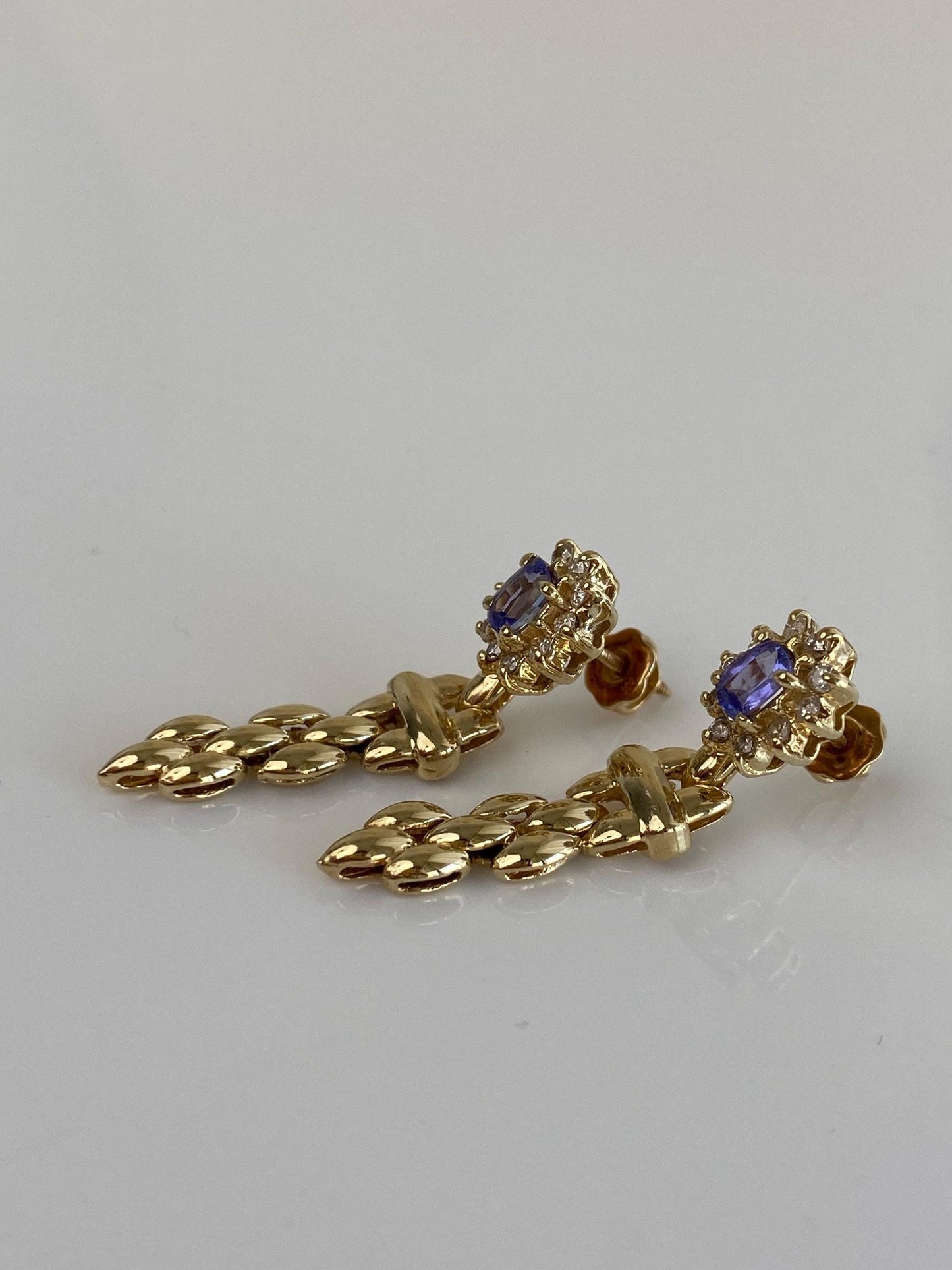 Vintage Solid 14k Yellow Gold Diamond Halo Tanzanite Dangle Stud Earrings