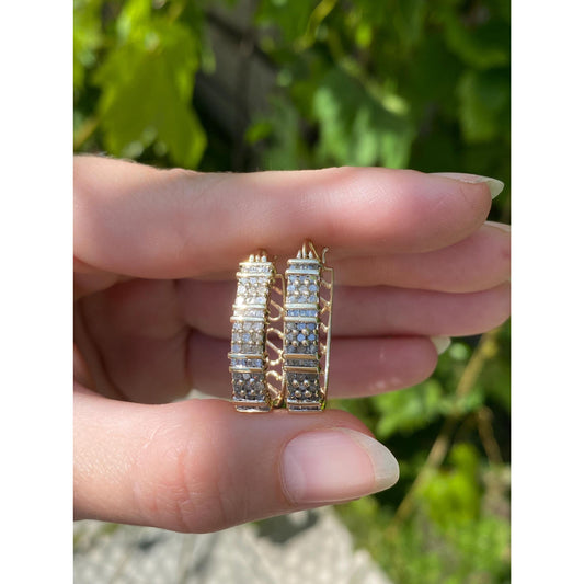 Vintage Solid 10k Yellow Gold Diamond Hoop Earrings