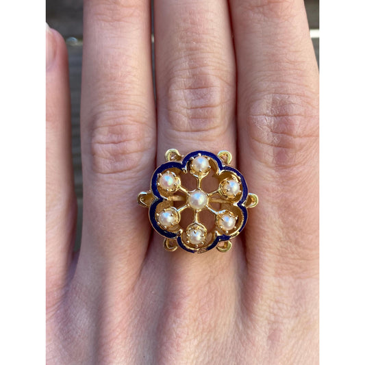 Vintage Solid 14k Yellow Gold Pearl Cluster Blue Enamel Ring - Size 5.5