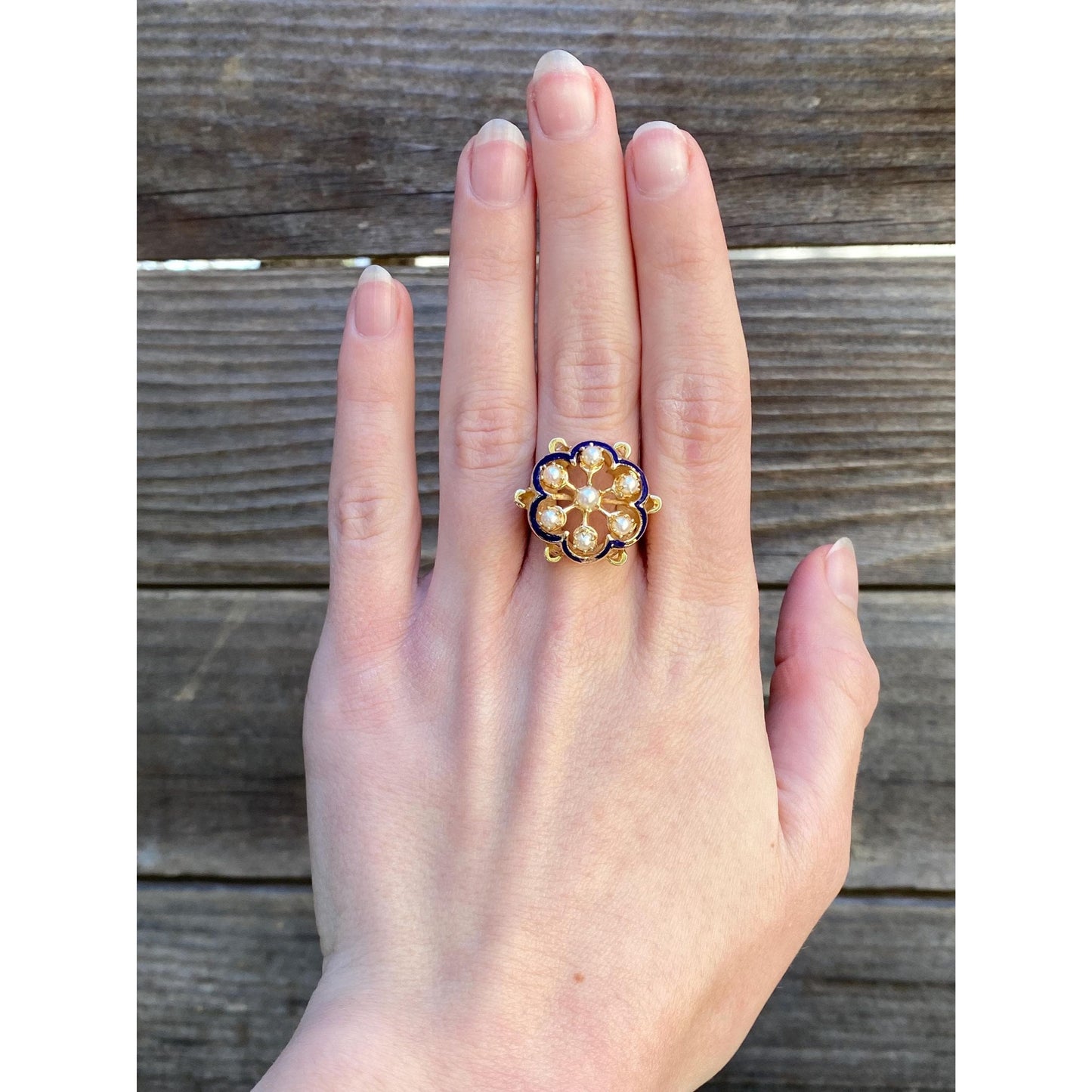 Vintage Solid 14k Yellow Gold Pearl Cluster Blue Enamel Ring - Size 5.5