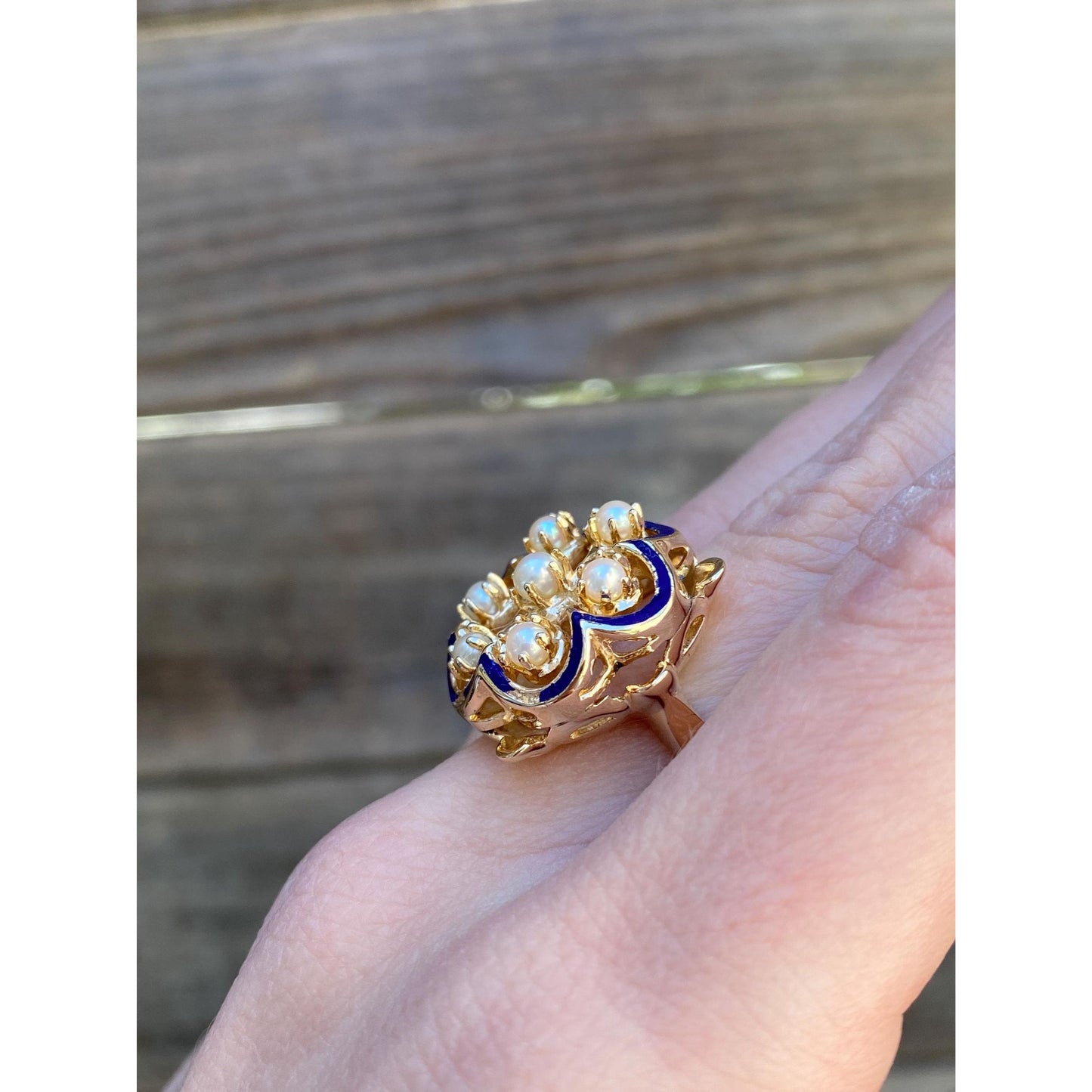 Vintage Solid 14k Yellow Gold Pearl Cluster Blue Enamel Ring - Size 5.5