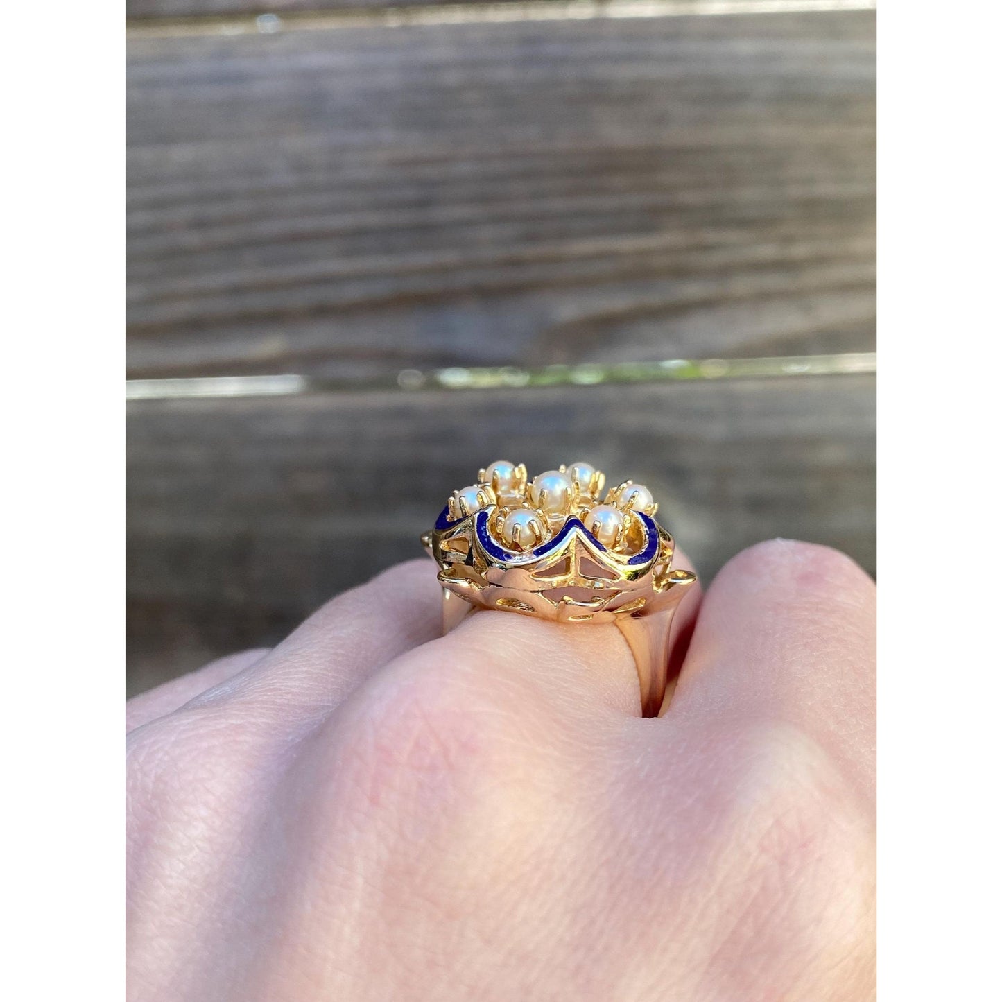 Vintage Solid 14k Yellow Gold Pearl Cluster Blue Enamel Ring - Size 5.5