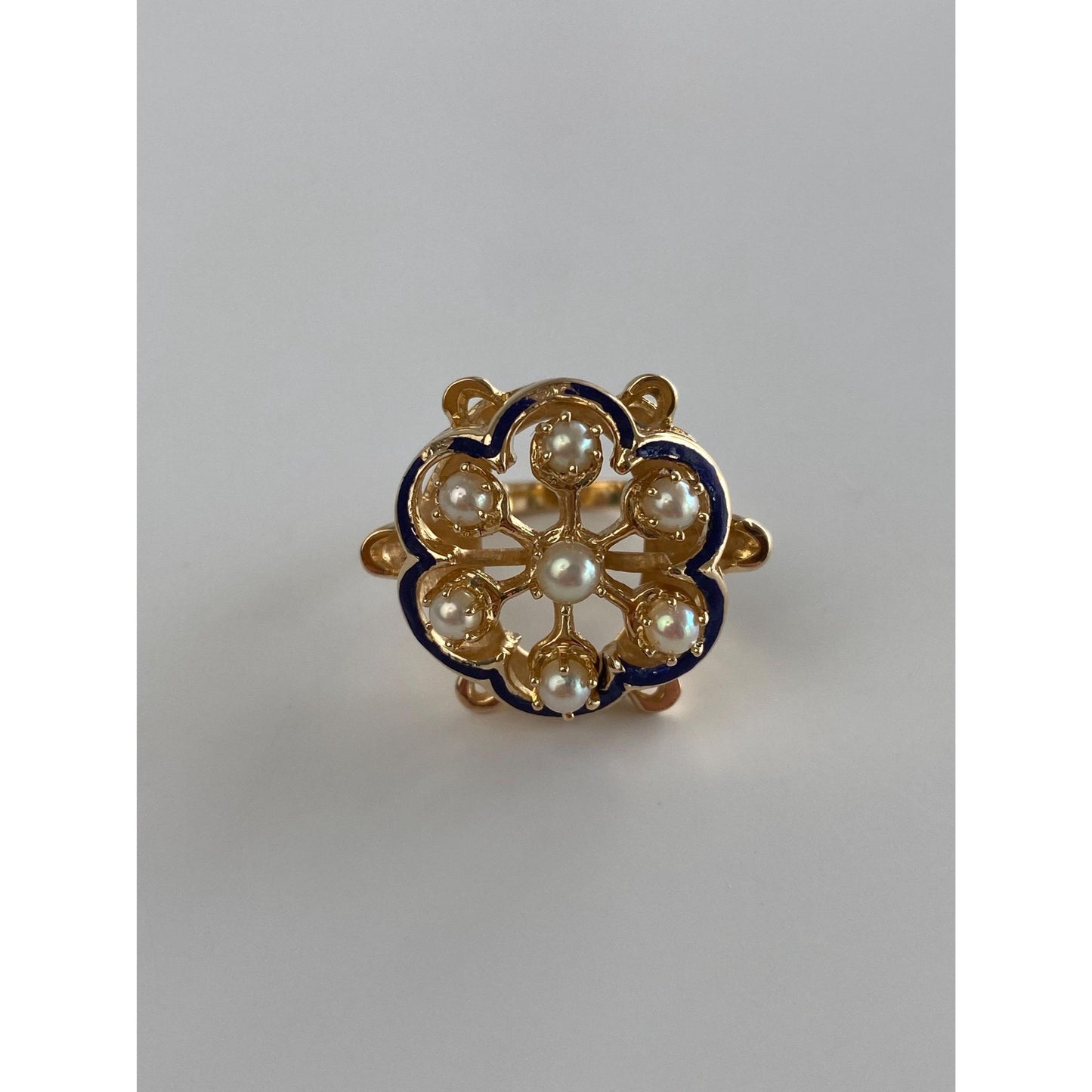 Vintage Solid 14k Yellow Gold Pearl Cluster Blue Enamel Ring - Size 5.5