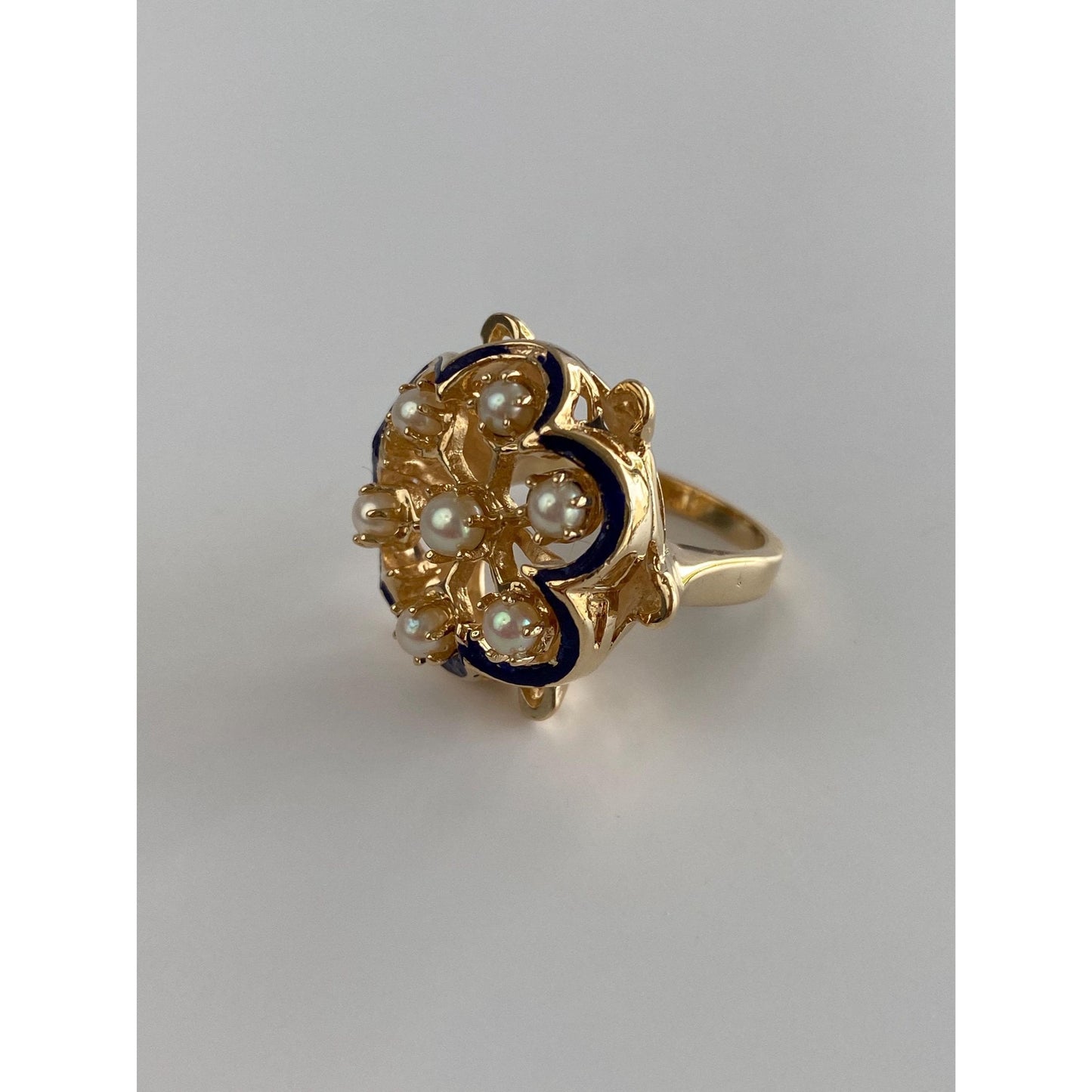 Vintage Solid 14k Yellow Gold Pearl Cluster Blue Enamel Ring - Size 5.5