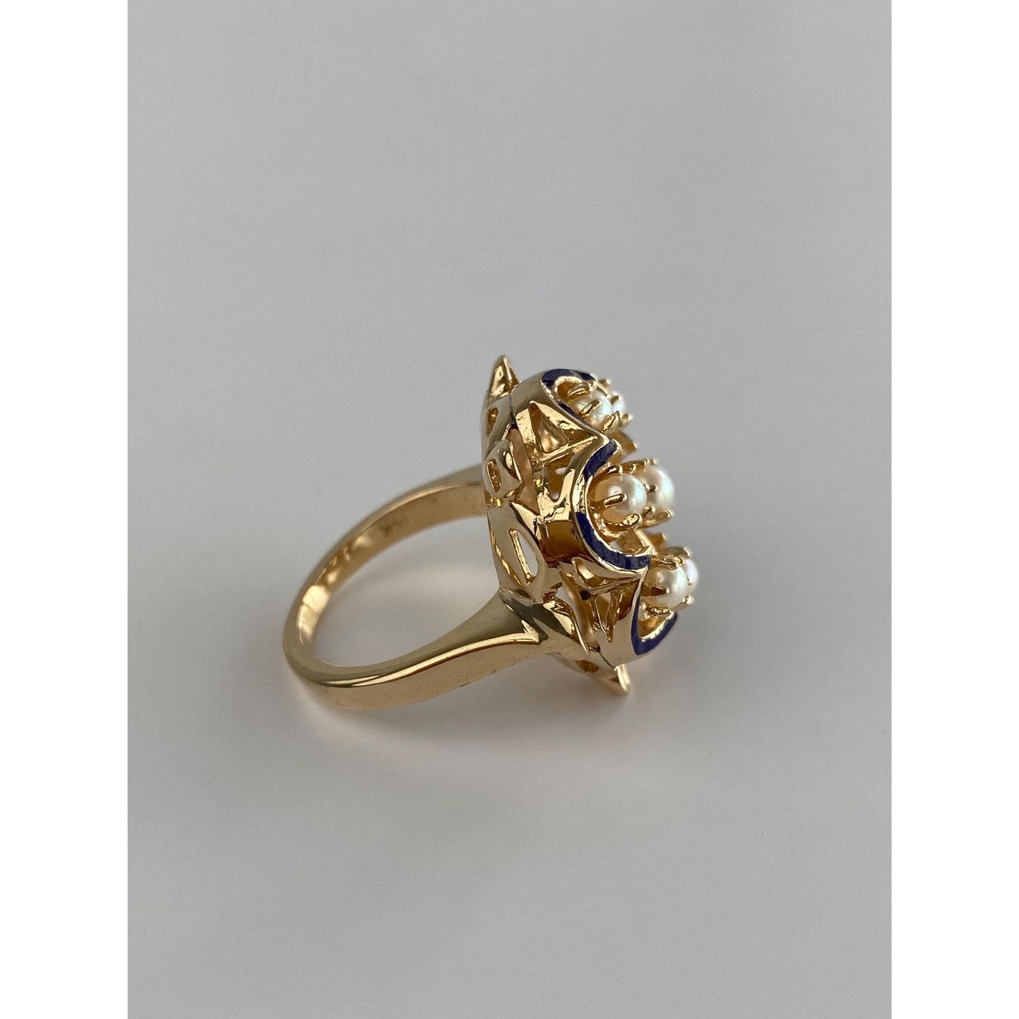 Vintage Solid 14k Yellow Gold Pearl Cluster Blue Enamel Ring - Size 5.5