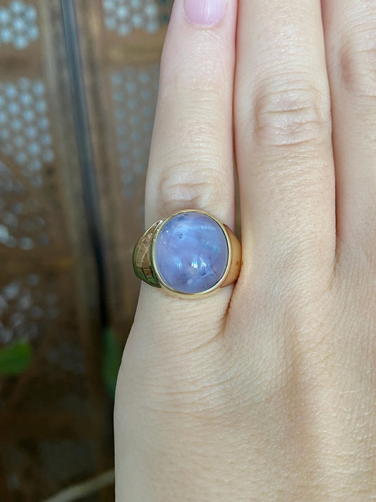 Vintage Solid 18k Yellow Gold Blue Star Sapphire Cabochon Signet Ring - Size 4.75