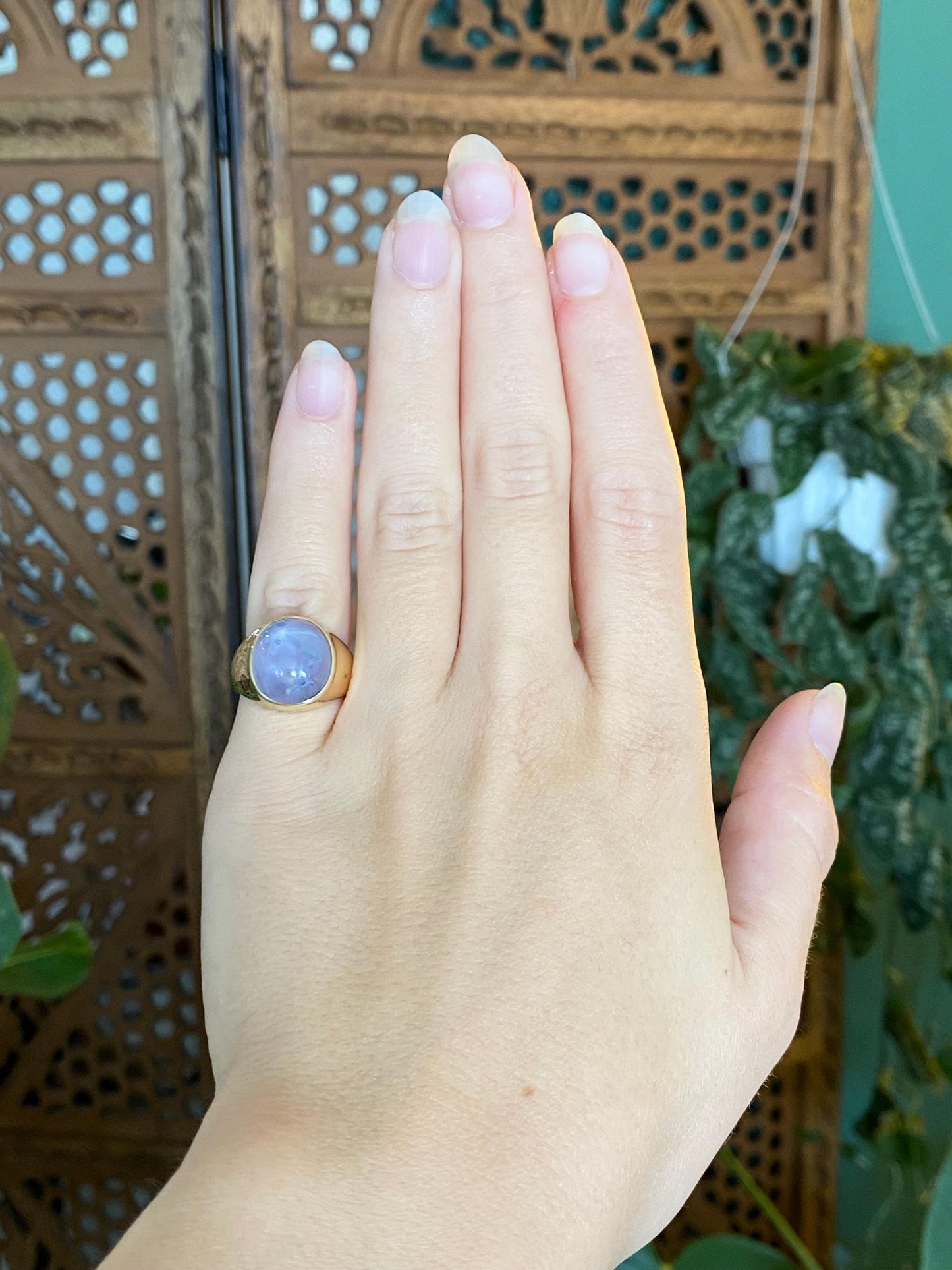 Vintage Solid 18k Yellow Gold Blue Star Sapphire Cabochon Signet Ring - Size 4.75