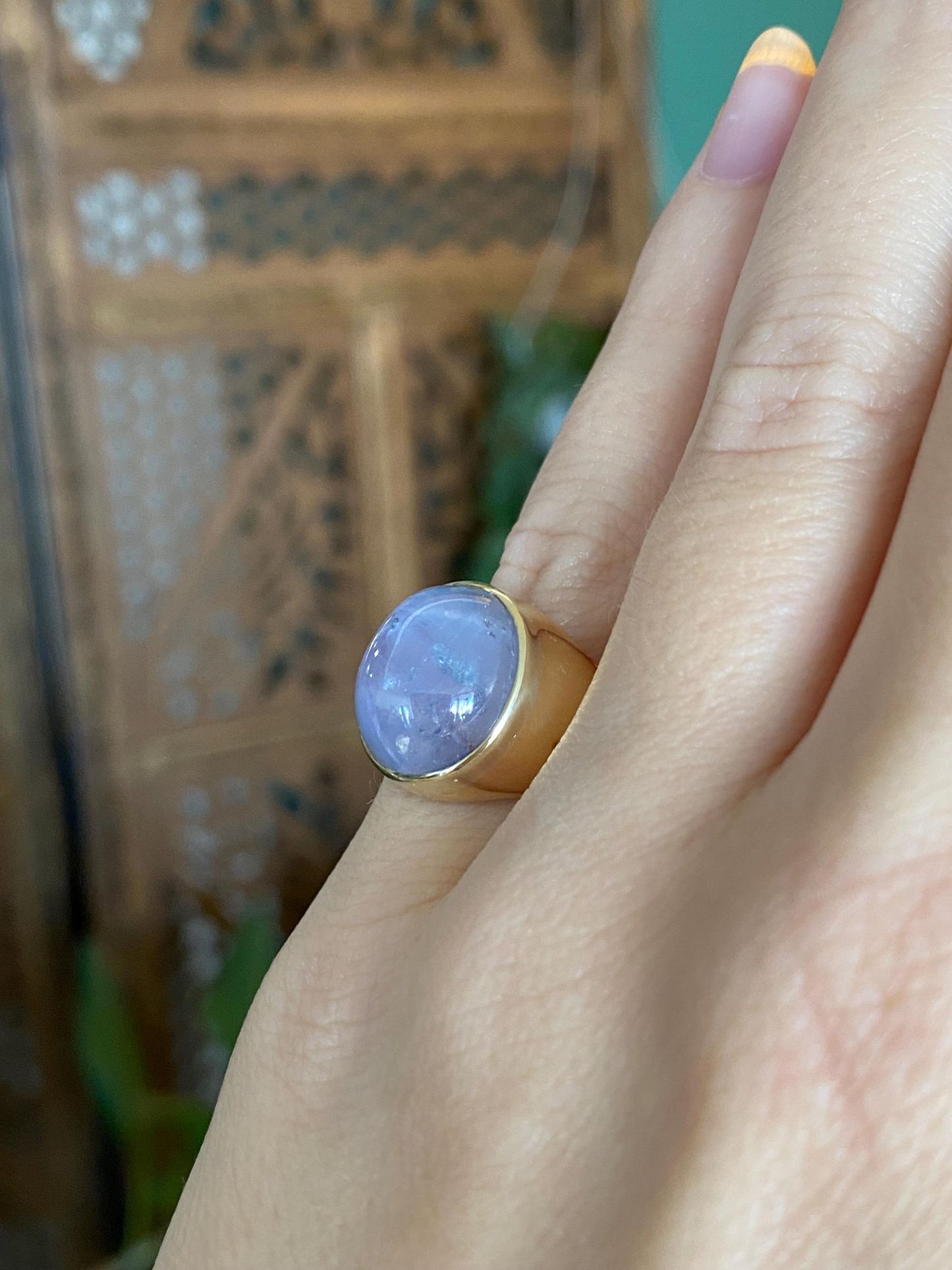 Vintage Solid 18k Yellow Gold Blue Star Sapphire Cabochon Signet Ring - Size 4.75