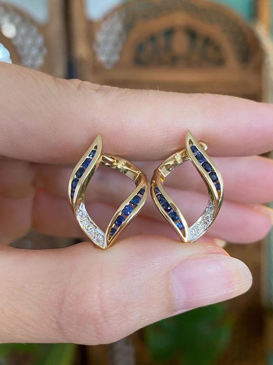 Solid 14k White & Yellow Gold Diamond Blue Sapphire Drop Earrings
