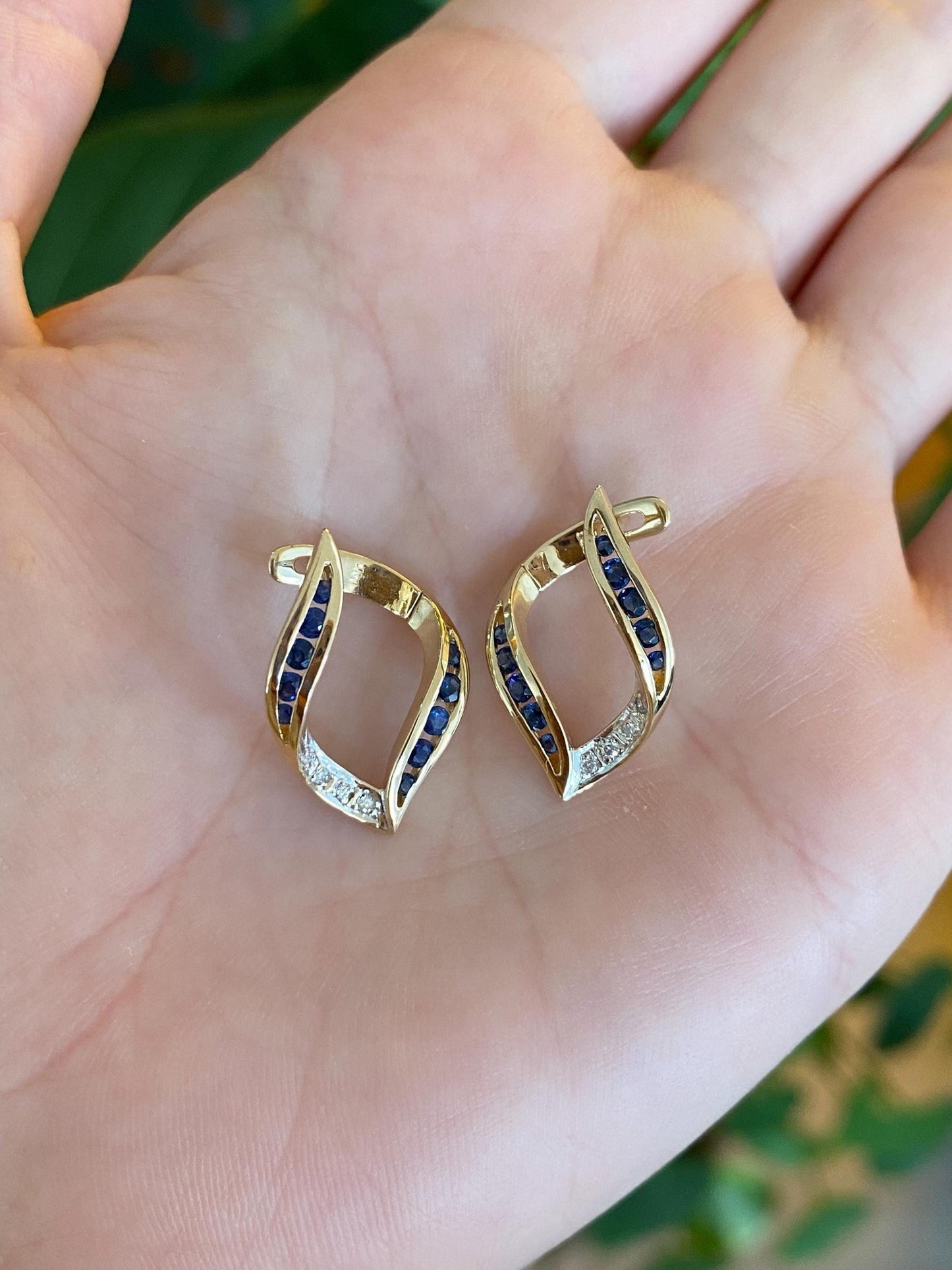 Solid 14k White & Yellow Gold Diamond Blue Sapphire Drop Earrings