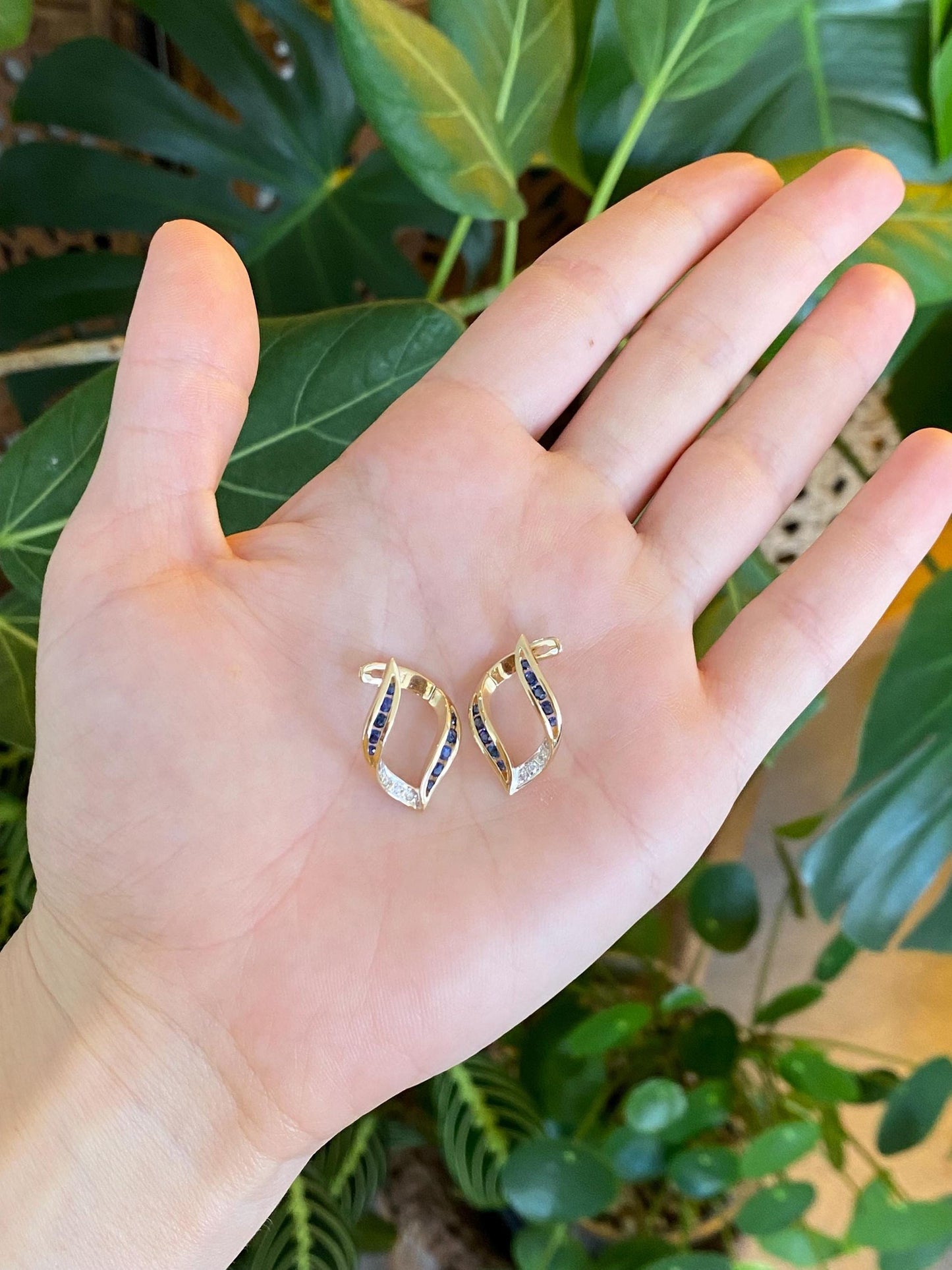 Solid 14k White & Yellow Gold Diamond Blue Sapphire Drop Earrings