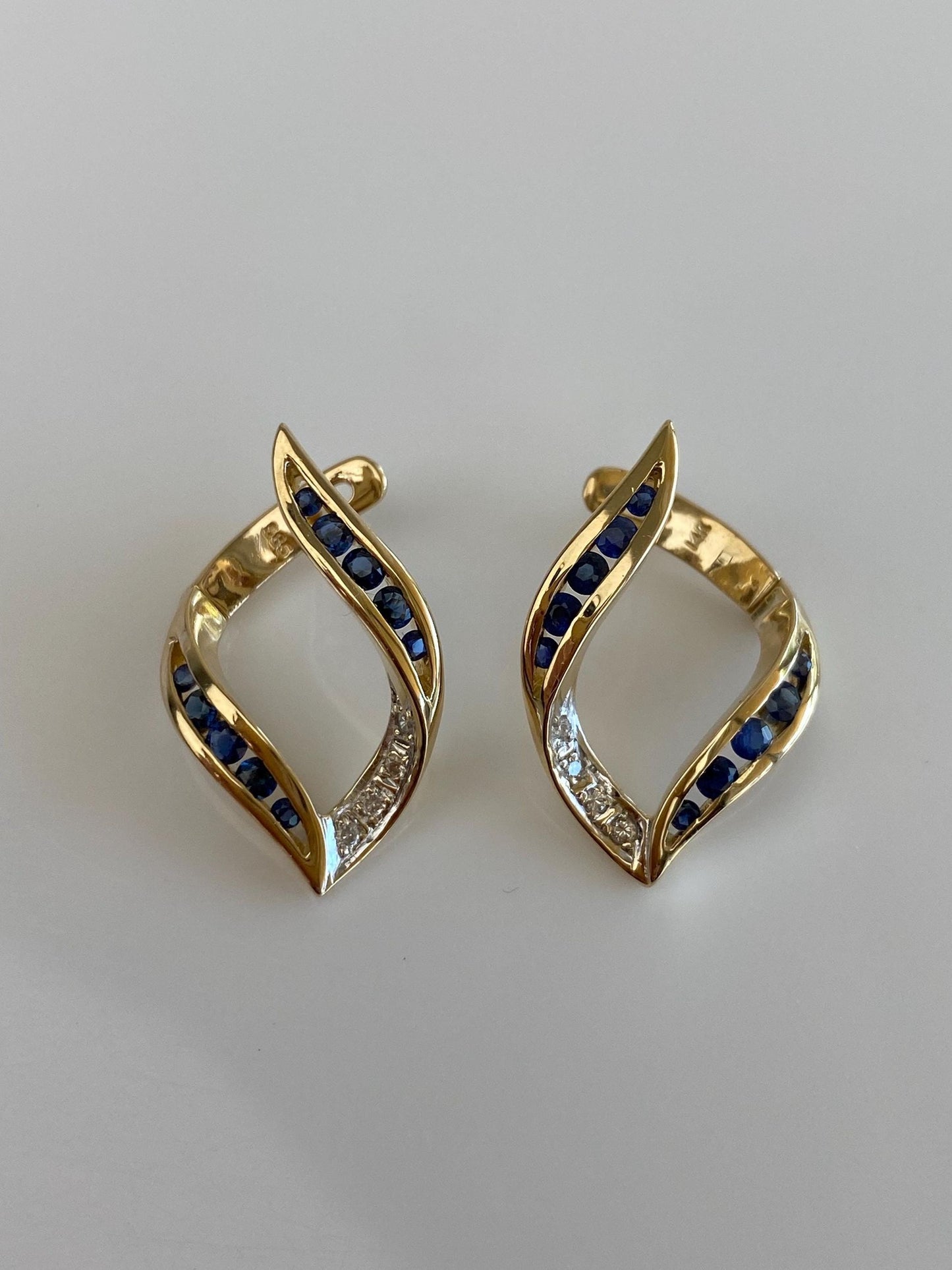 Solid 14k White & Yellow Gold Diamond Blue Sapphire Drop Earrings
