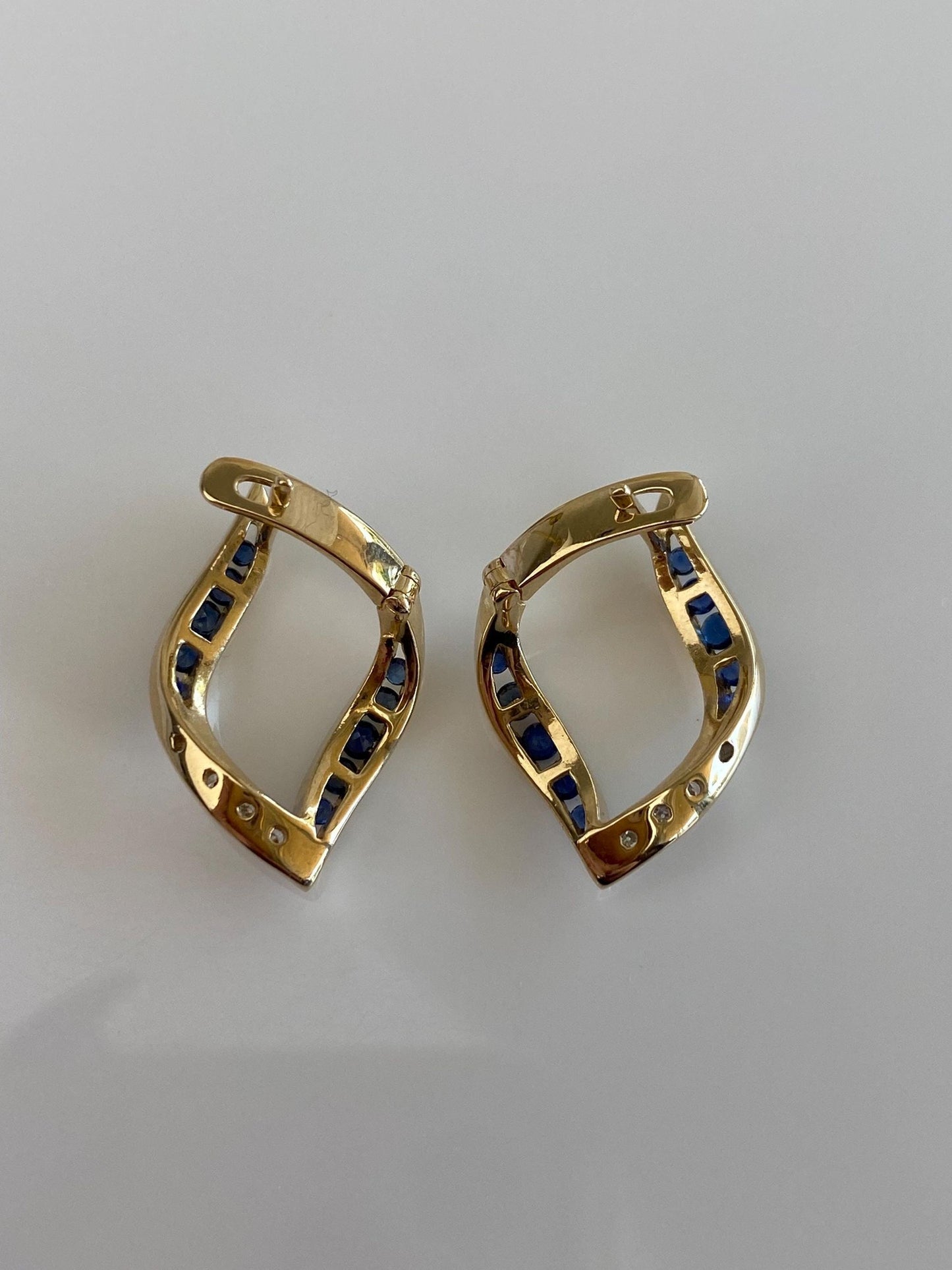 Solid 14k White & Yellow Gold Diamond Blue Sapphire Drop Earrings