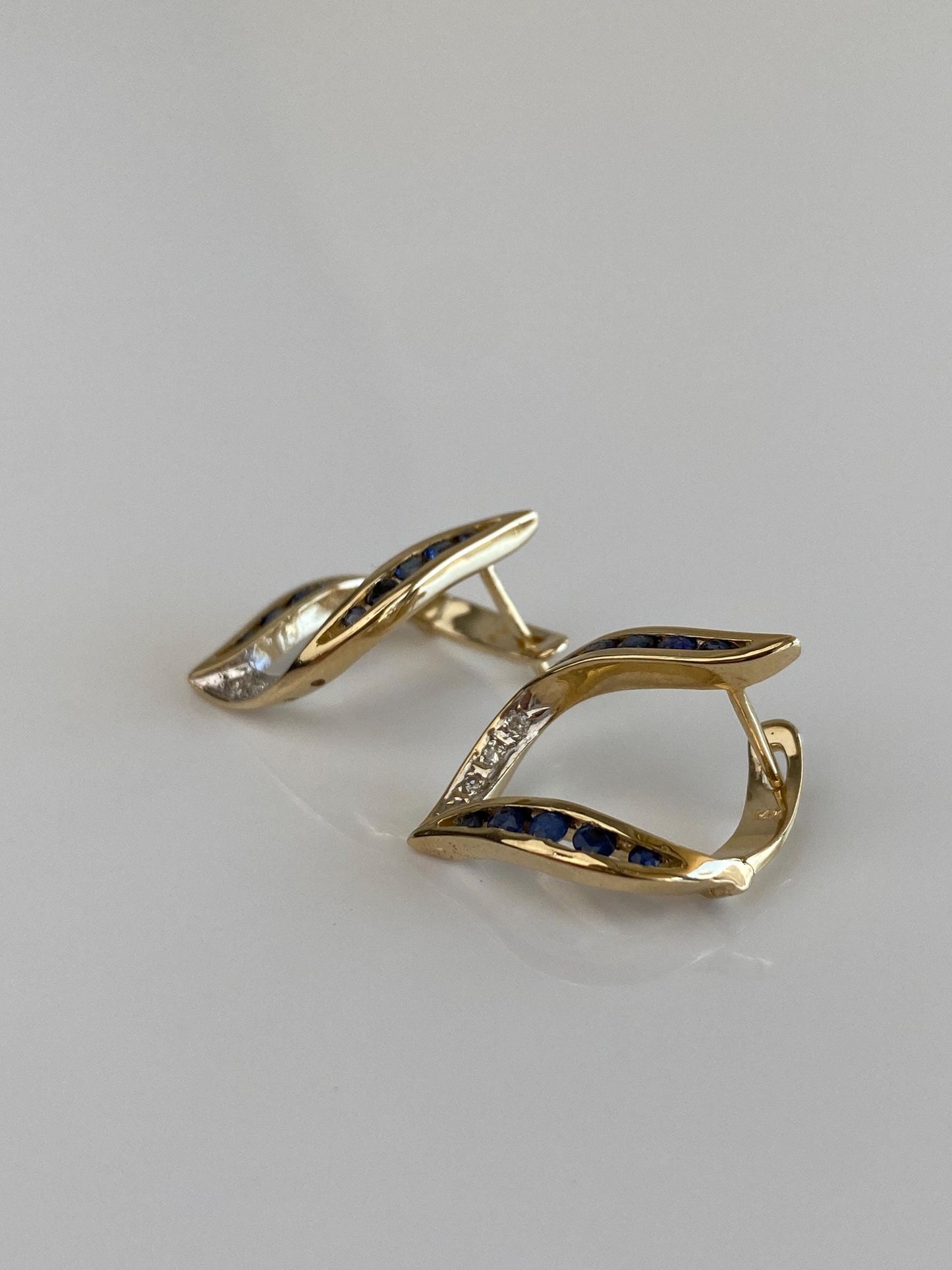 Solid 14k White & Yellow Gold Diamond Blue Sapphire Drop Earrings