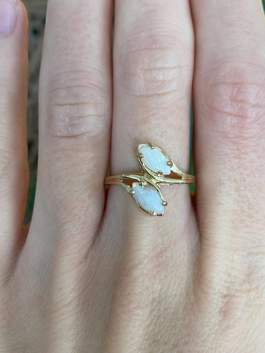 Vintage Solid 14k Yellow Gold Double Opal Marquis Ring - Size 6.75