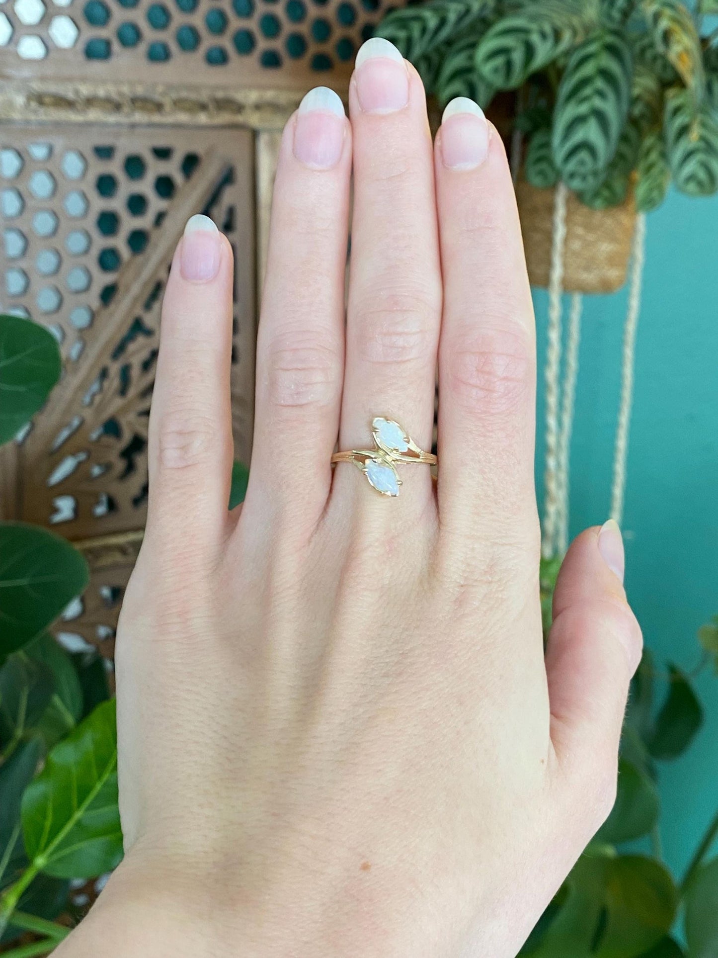 Vintage Solid 14k Yellow Gold Double Opal Marquis Ring - Size 6.75