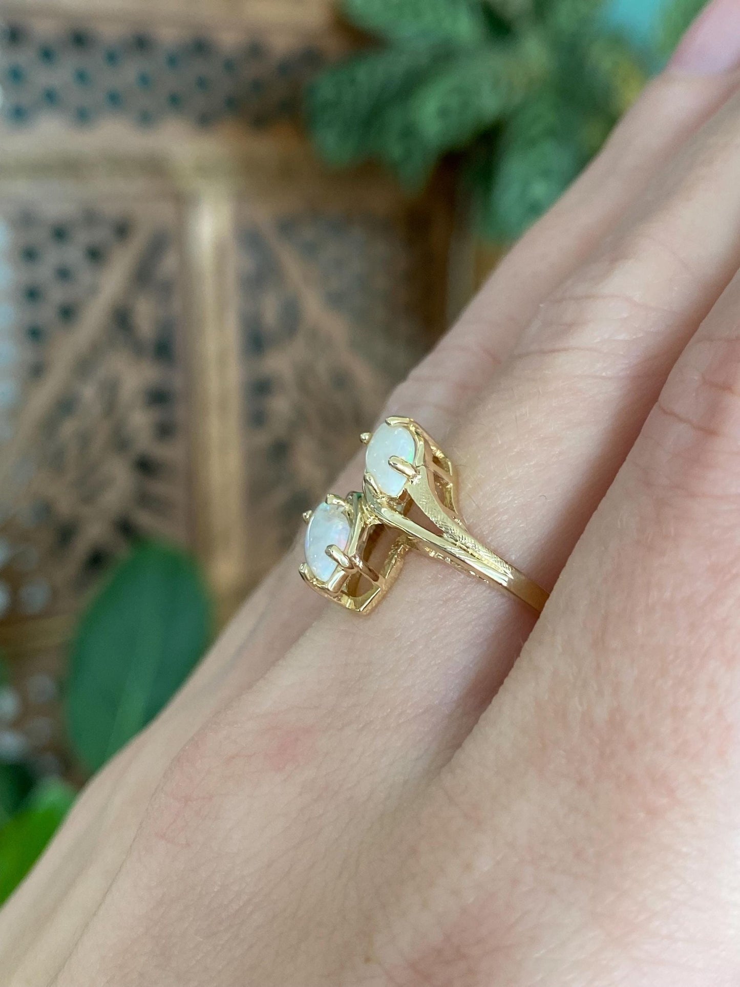 Vintage Solid 14k Yellow Gold Double Opal Marquis Ring - Size 6.75