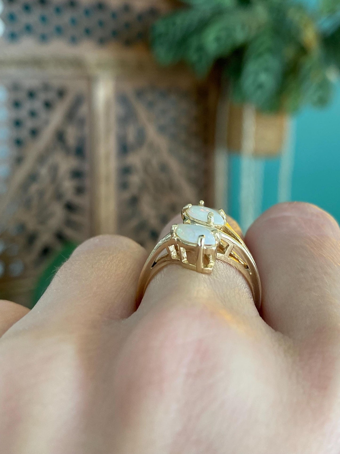 Vintage Solid 14k Yellow Gold Double Opal Marquis Ring - Size 6.75