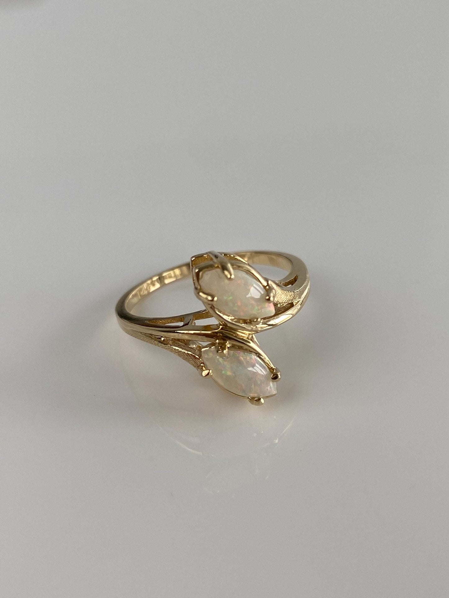 Vintage Solid 14k Yellow Gold Double Opal Marquis Ring - Size 6.75