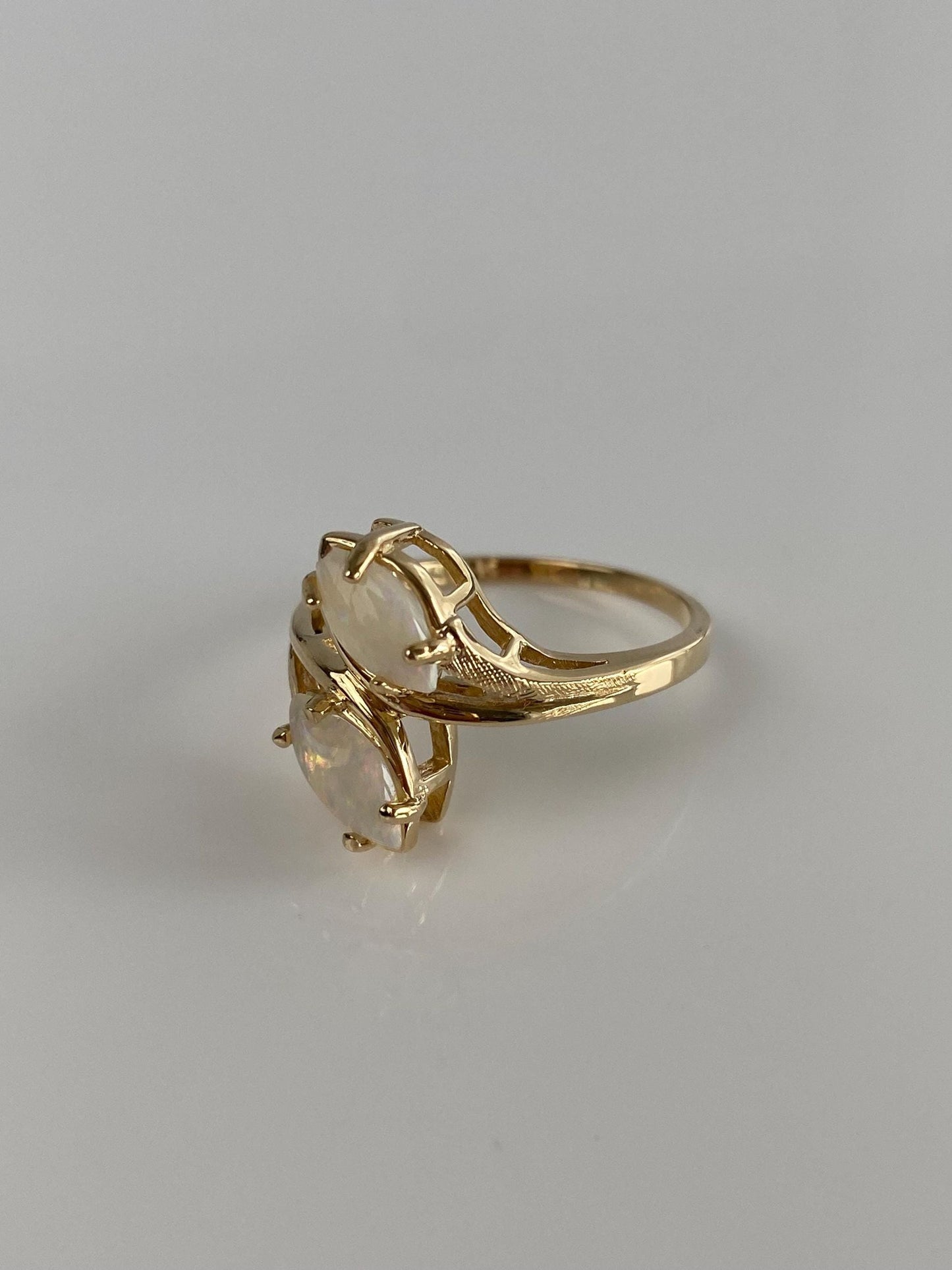 Vintage Solid 14k Yellow Gold Double Opal Marquis Ring - Size 6.75
