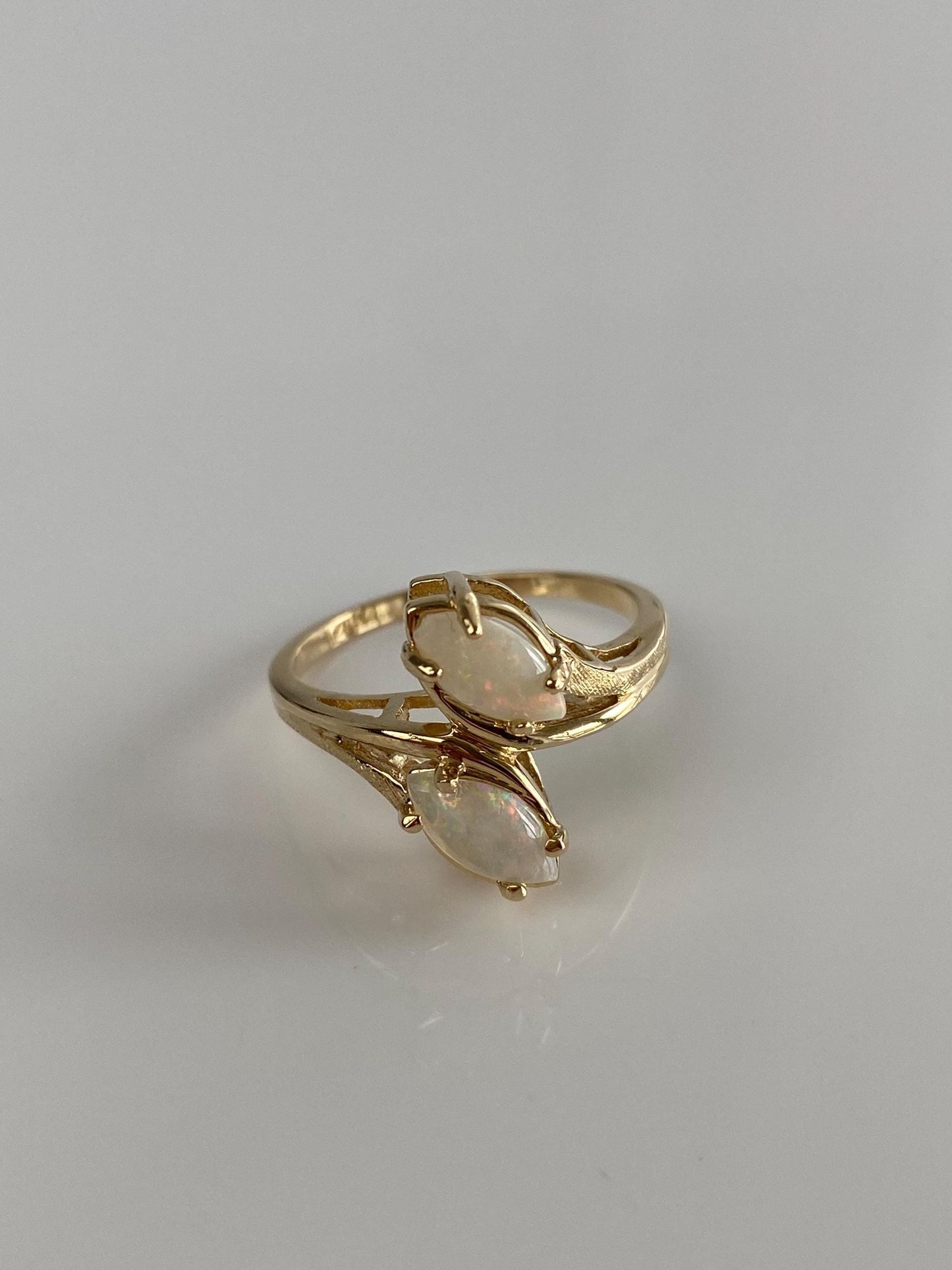 Vintage Solid 14k Yellow Gold Double Opal Marquis Ring - Size 6.75