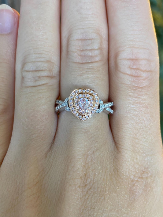 Vintage Solid 14k Rose & White Gold Diamonds Heart Ring - Size 7