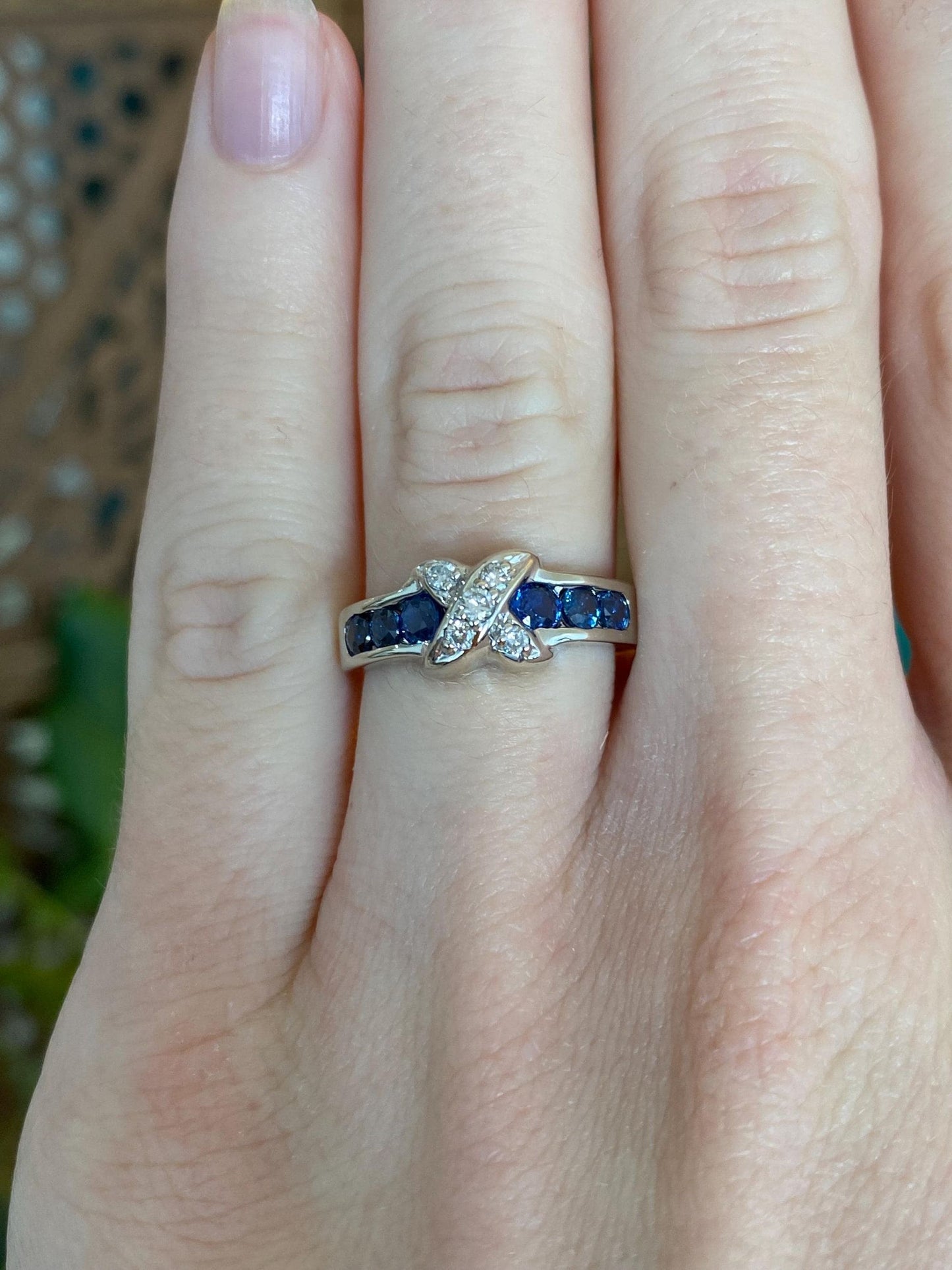 Vintage Solid 14k White Gold Diamond Blue Sapphire X Ring - Size 5.75